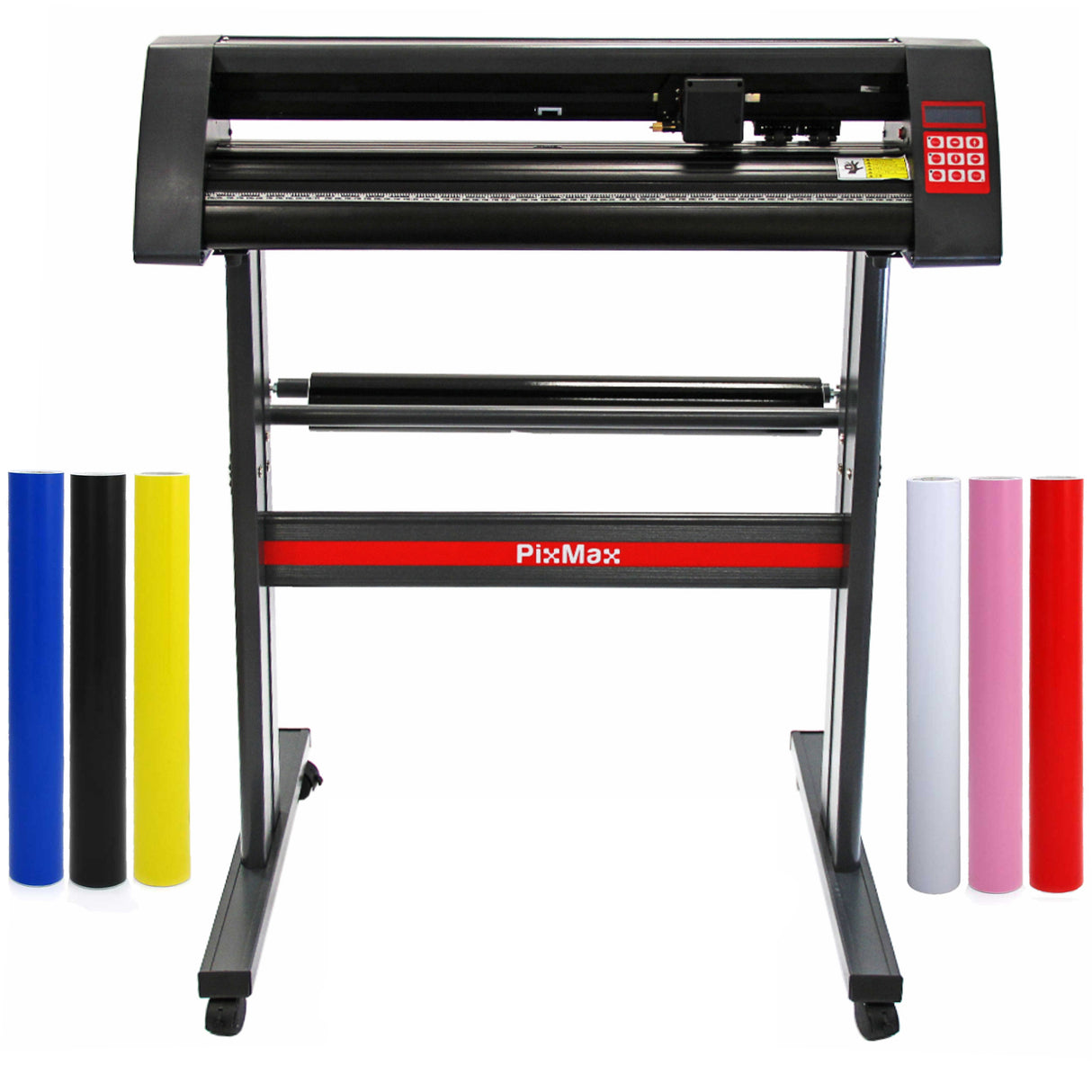 Découpe vinyle PixMax de 72 cm sur un support, avec rouleaux de vinyle colorés : bleu, jaune, noir, blanc et rouge à côté