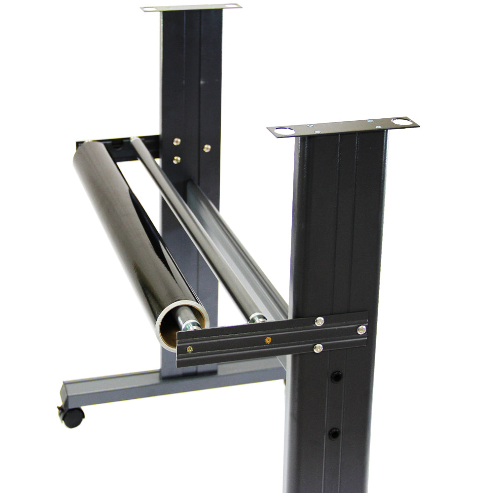 Support robuste en métal noir pour découpe vinyle, avec rouleau en aluminium et roulettes pour un déplacement facile