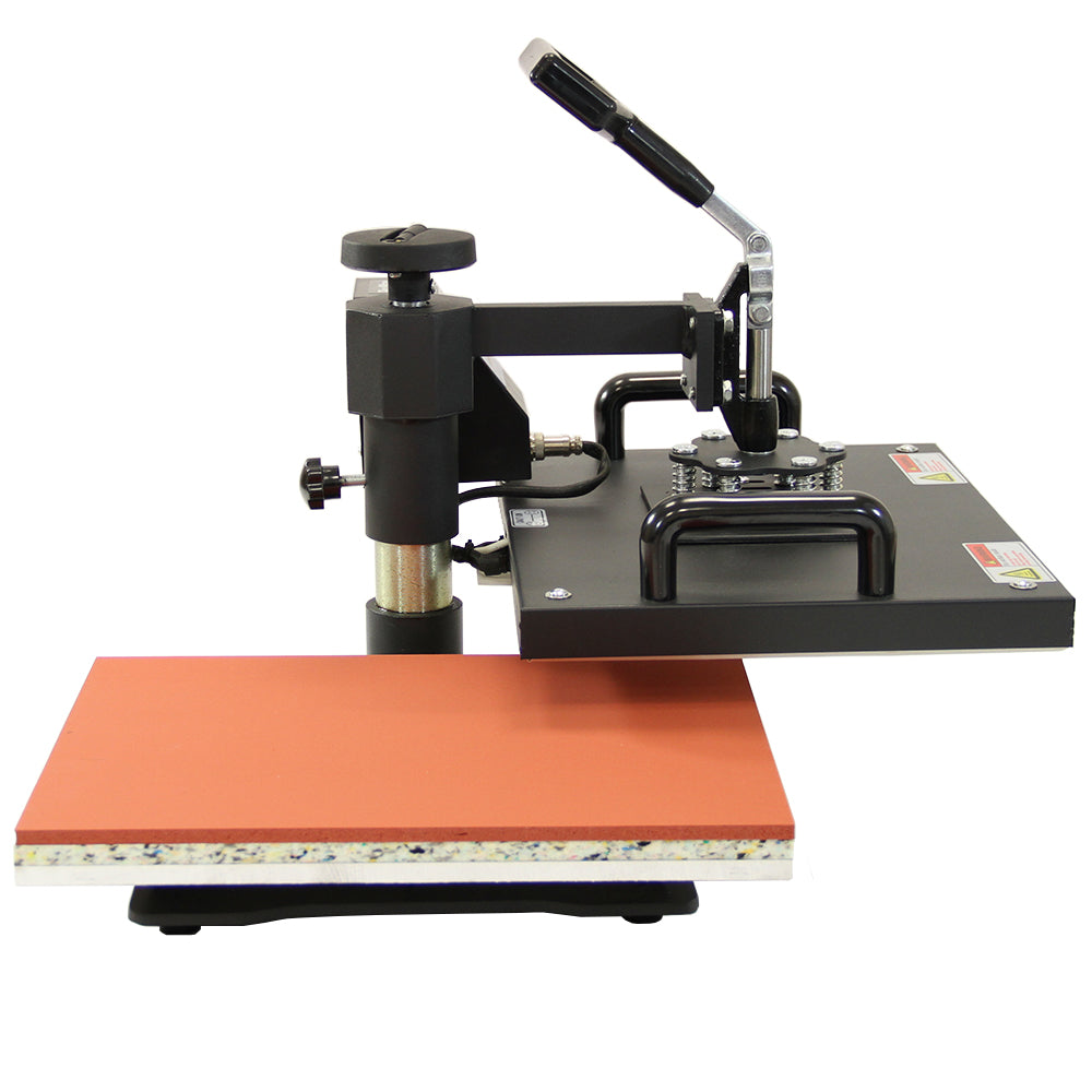Presse à chaud 5 en 1 avec plateau rouge et base noire, conçue pour la découpe de vinyle et l'impression textile, robuste et fonctionnelle