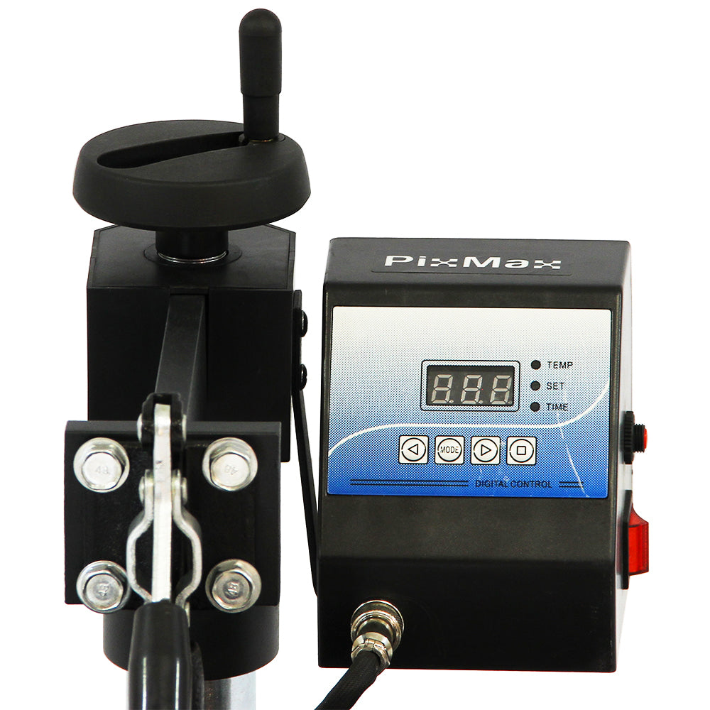 Presse à chaud PixMax avec écran numérique, boutons de contrôle et bras de levage, finition noire et argentée, design compact et fonctionnel