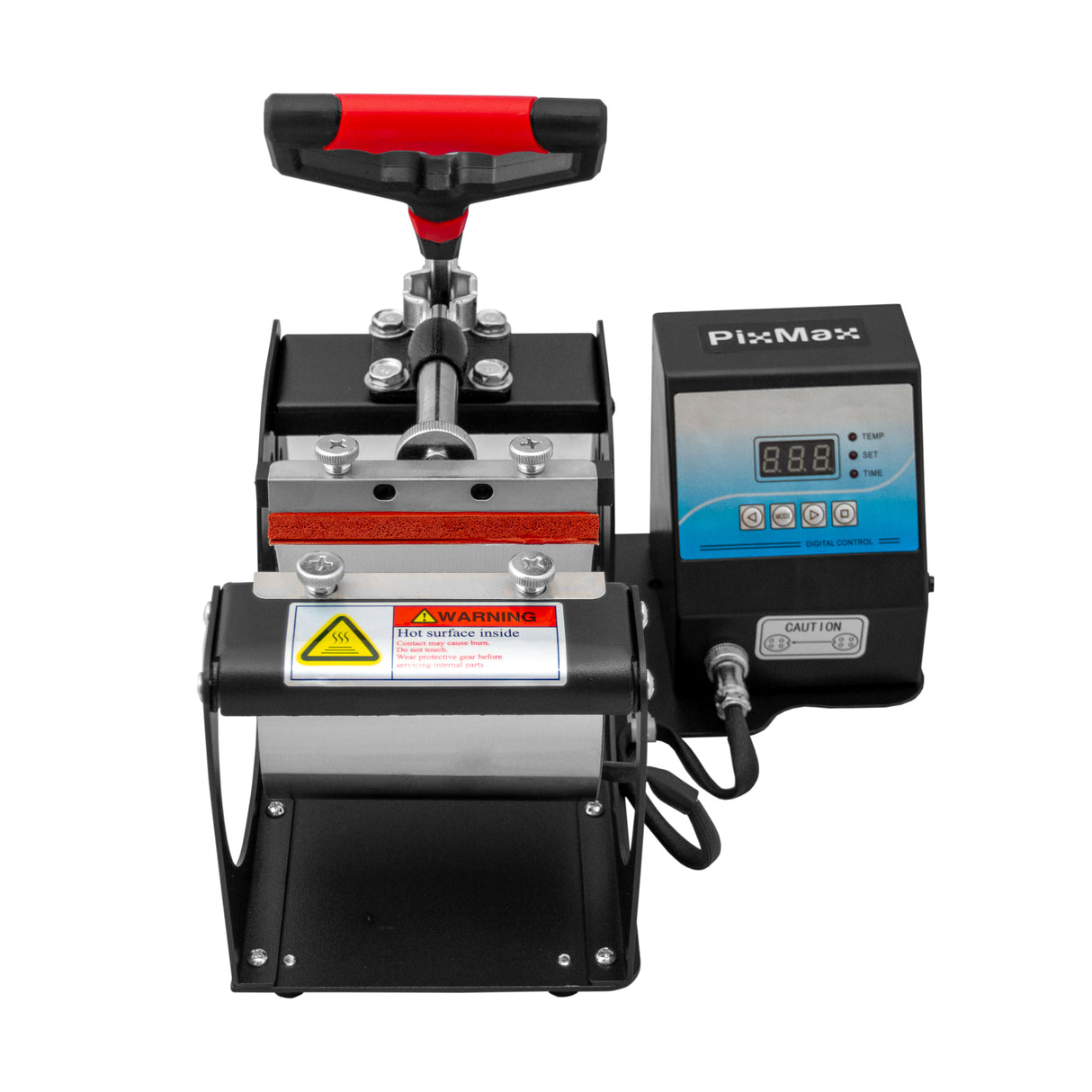 Presse à chaud PixMax pour tasses de sublimation, avec un design robuste, poignée rouge, écran numérique et éléments métalliques brillants