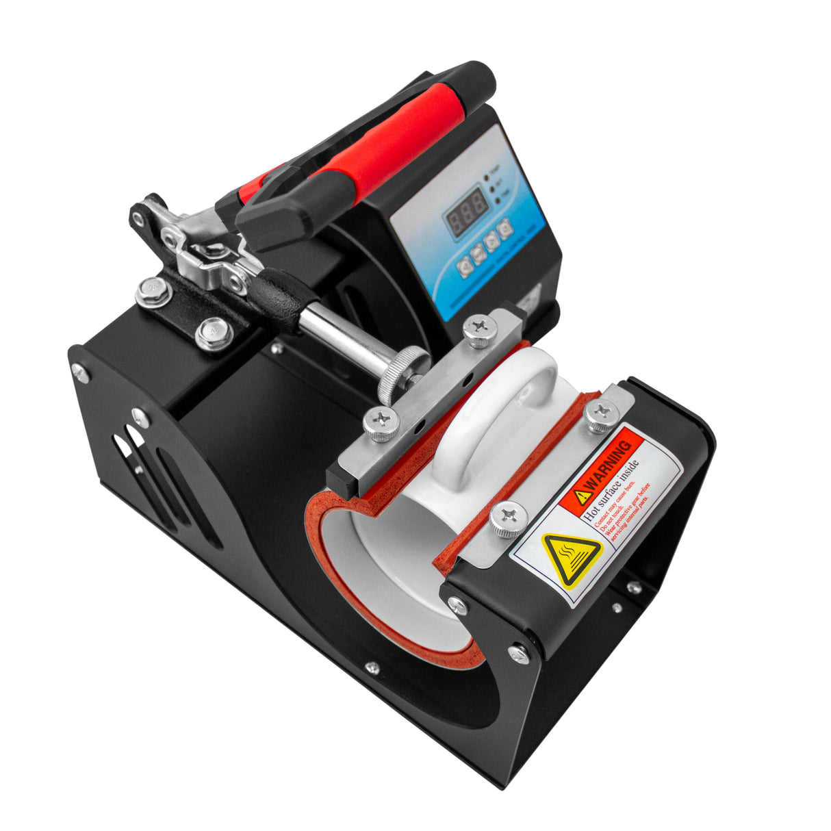 Presse à chaud pour tasses de sublimation, avec écran numérique, poignée rouge, base noire et rouleau en silicone pour un transfert précis