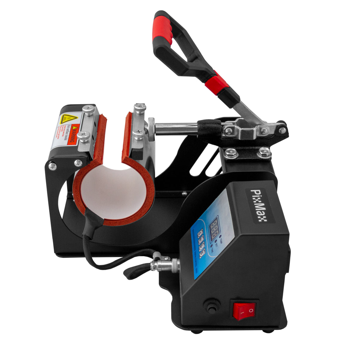 Presse à chaud PixMax pour tasses de sublimation, avec poignée ergonomique, écran numérique et base noire robuste, idéale pour personnaliser vos tasses