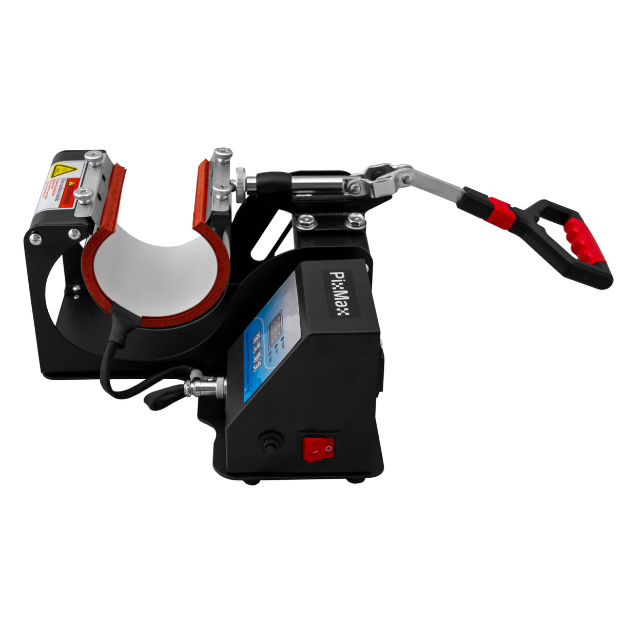 Presse à chaud PixMax pour tasses, avec un design compact, des poignées ergonomiques et des éléments en métal noir et rouge
