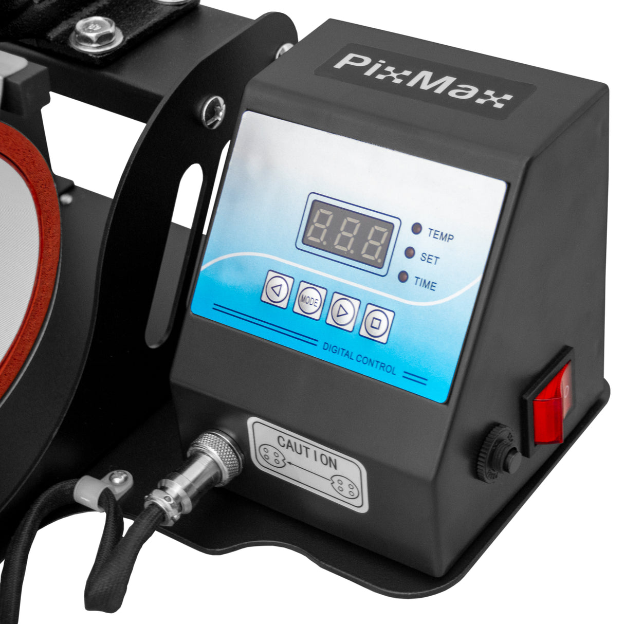 Presse à chaud PixMax pour tasses de sublimation, affichage numérique bleu, boutons de contrôle et connecteur en métal, design compact et robuste