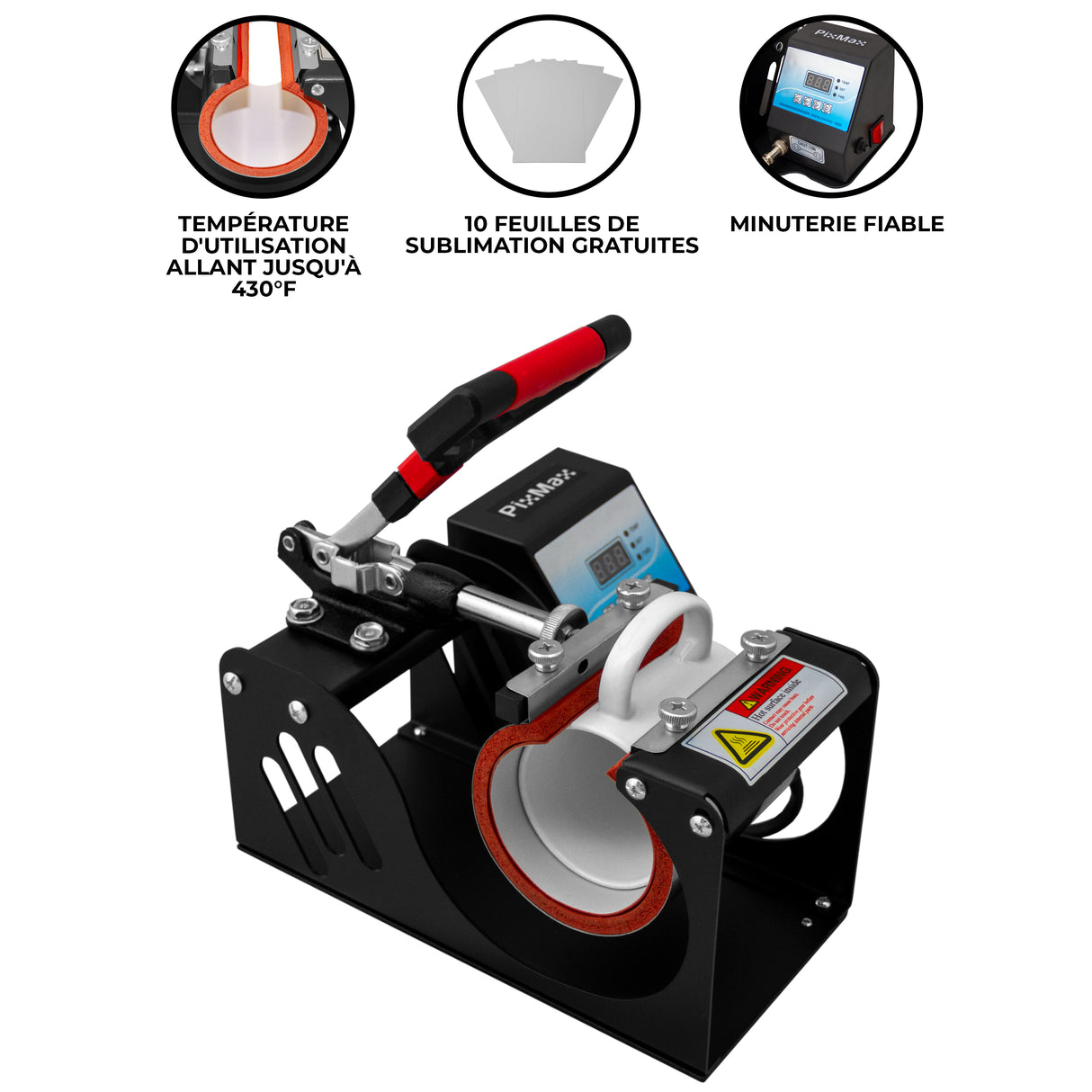 Presse à chaud pour tasses de sublimation, design compact noir, écran numérique, poignée ergonomique, inclut 10 feuilles de sublimation