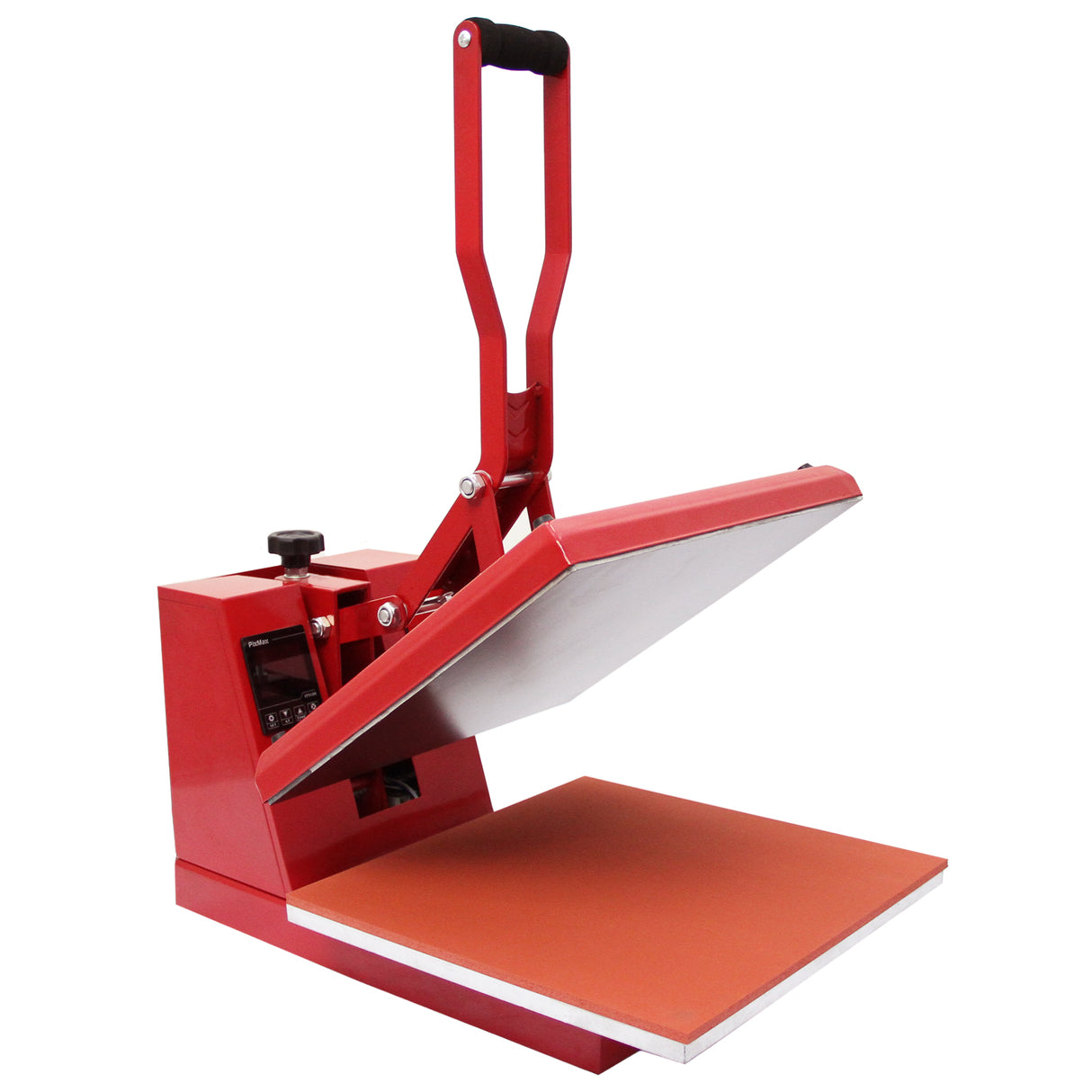 Presse à chaud rouge avec un plateau orange, poignée ergonomique, conçue pour le transfert de vinyle et l'impression textile