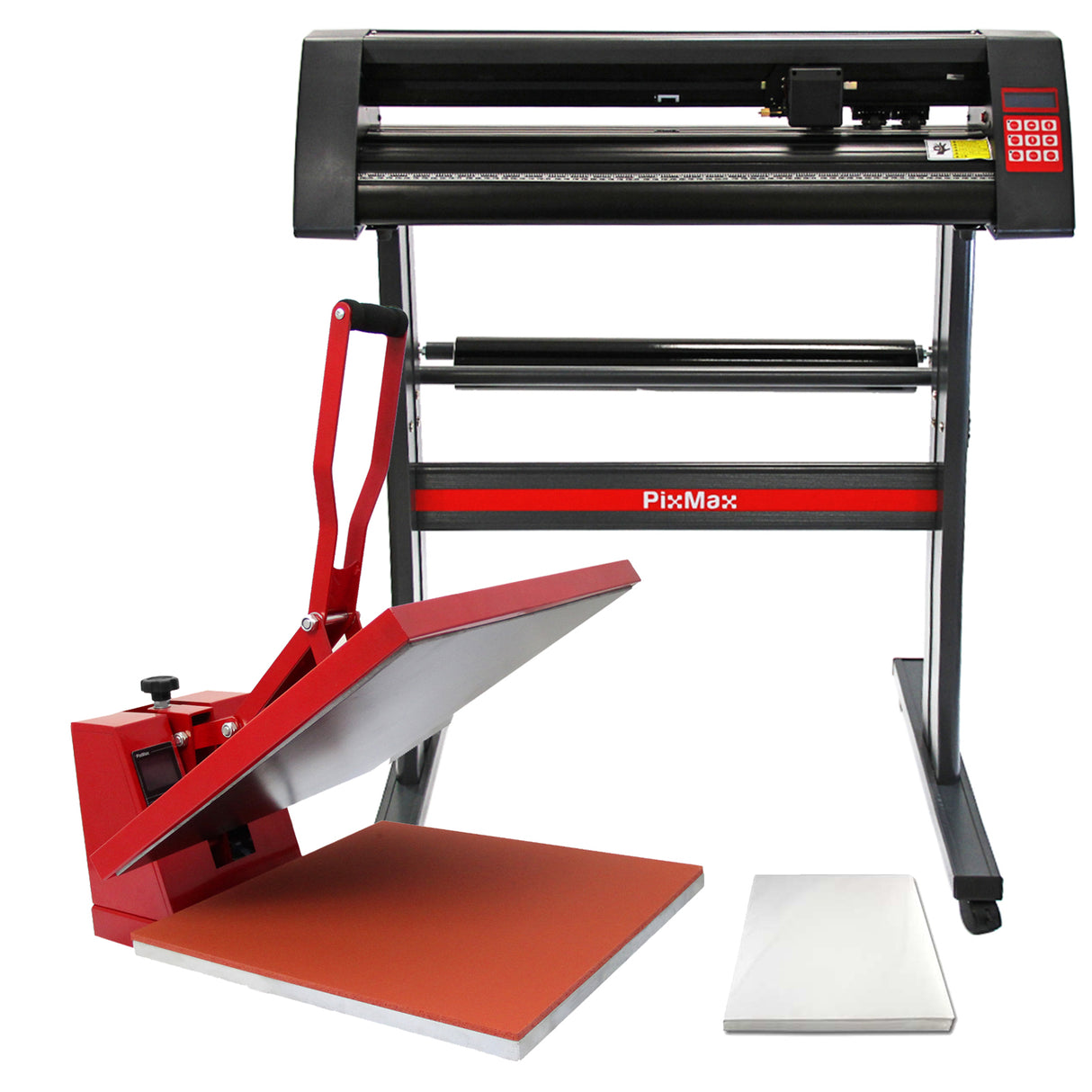 Presse à chaud PixMax rouge avec plateau orange et découpe vinyle, structure noire, idéale pour créations personnalisées et textiles