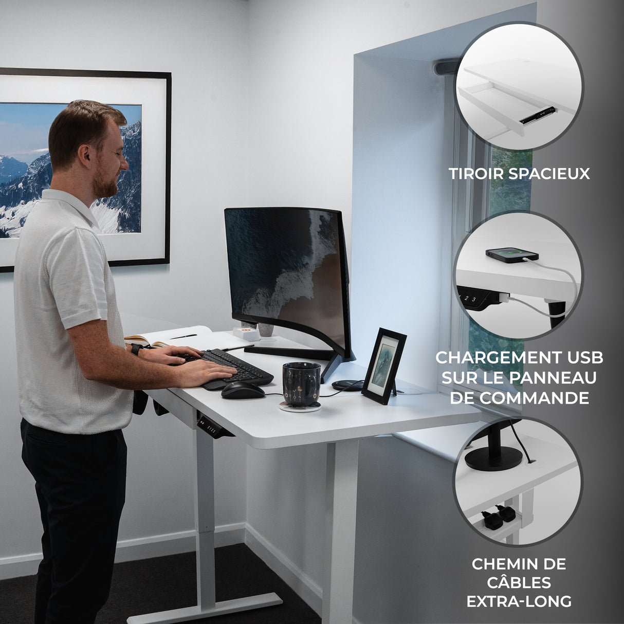 Bureau assis-debout électrique blanc avec tiroir spacieux, écran, tasse et panneau de commande avec chargement USB, design moderne