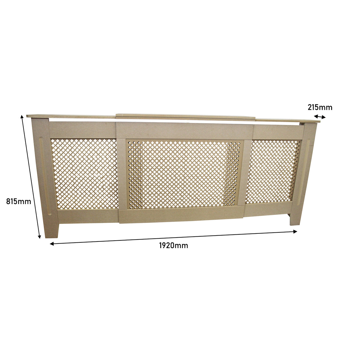 Cache radiateur ajustable en MDF naturel, dimensions 140 cm à 192 cm, finition beige, design élégant avec grille en treillis