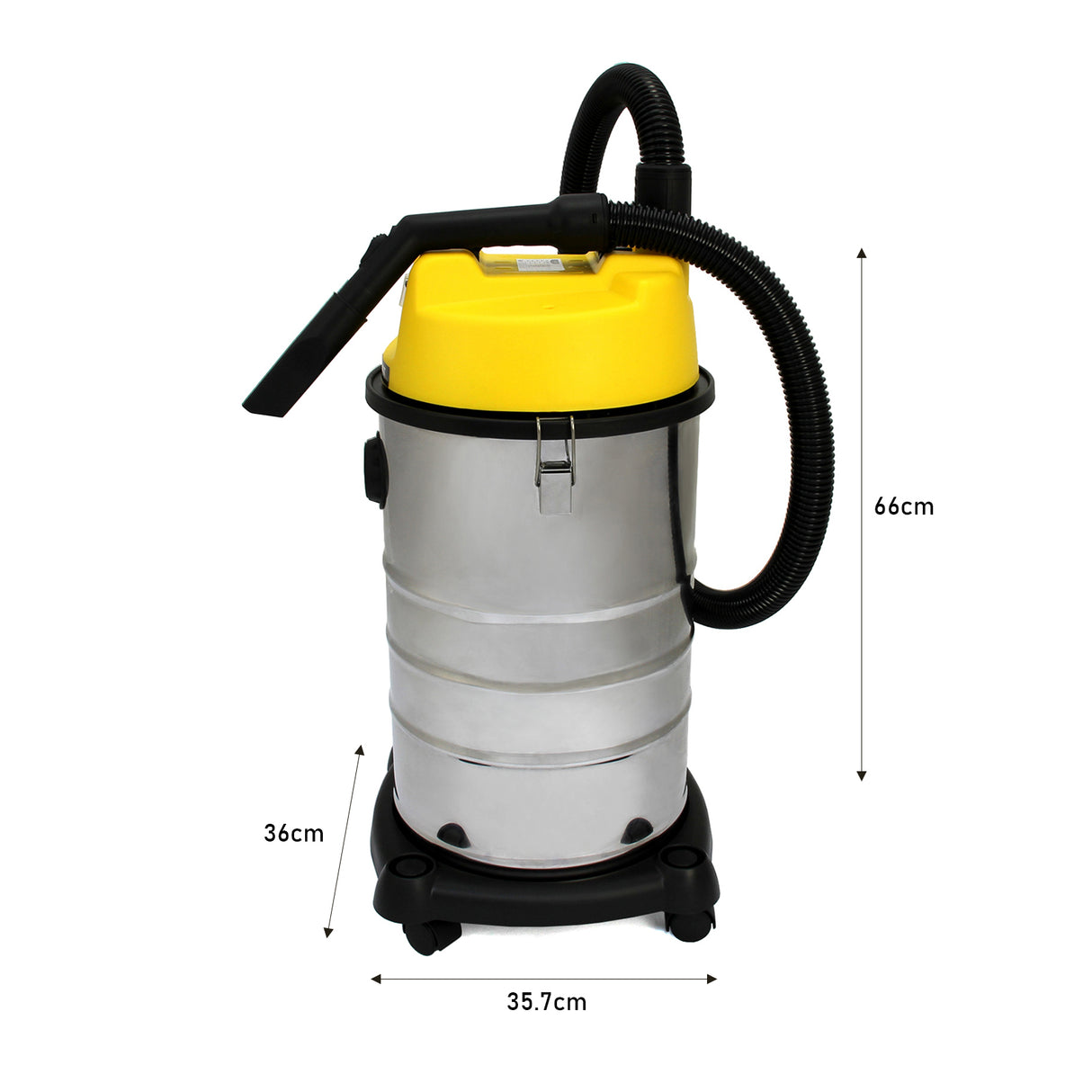 Aspirateur industriel MAXBLAST de 30 L avec cuve en acier inoxydable, couvercle jaune, flexible noir et roulettes pour mobilité