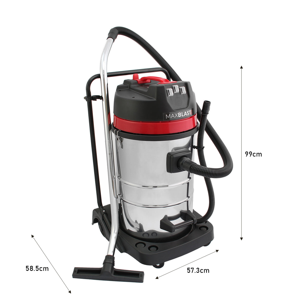 Aspirateur industriel MAXBLAST de 80 L en acier inoxydable, rouge et noir, avec tuyau flexible et accessoires pour nettoyage sec et humide
