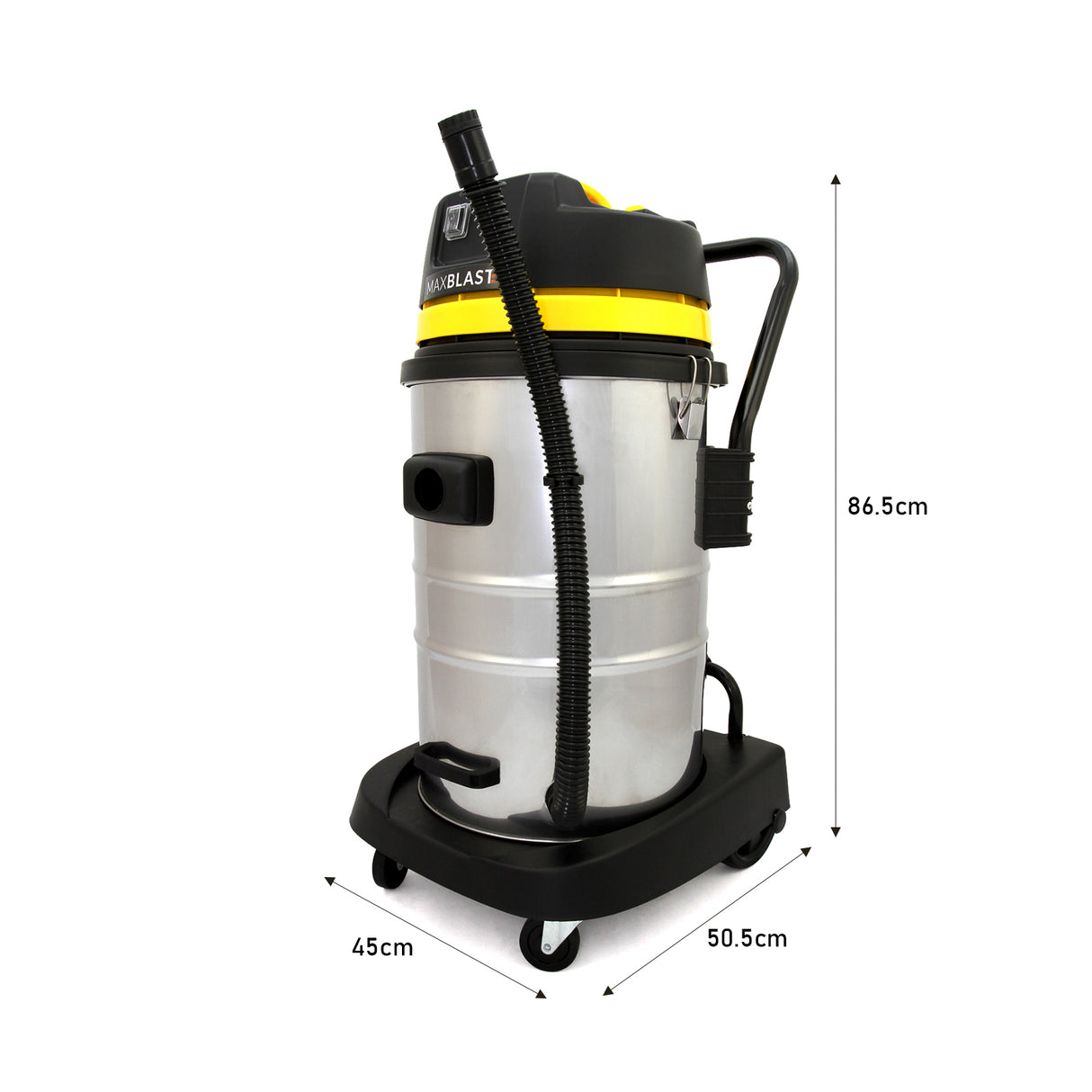 Aspirateur industriel MAXBLAST 50 L, en acier inoxydable, avec un design noir et jaune, roues pour mobilité, tuyau flexible de 86,5 cm