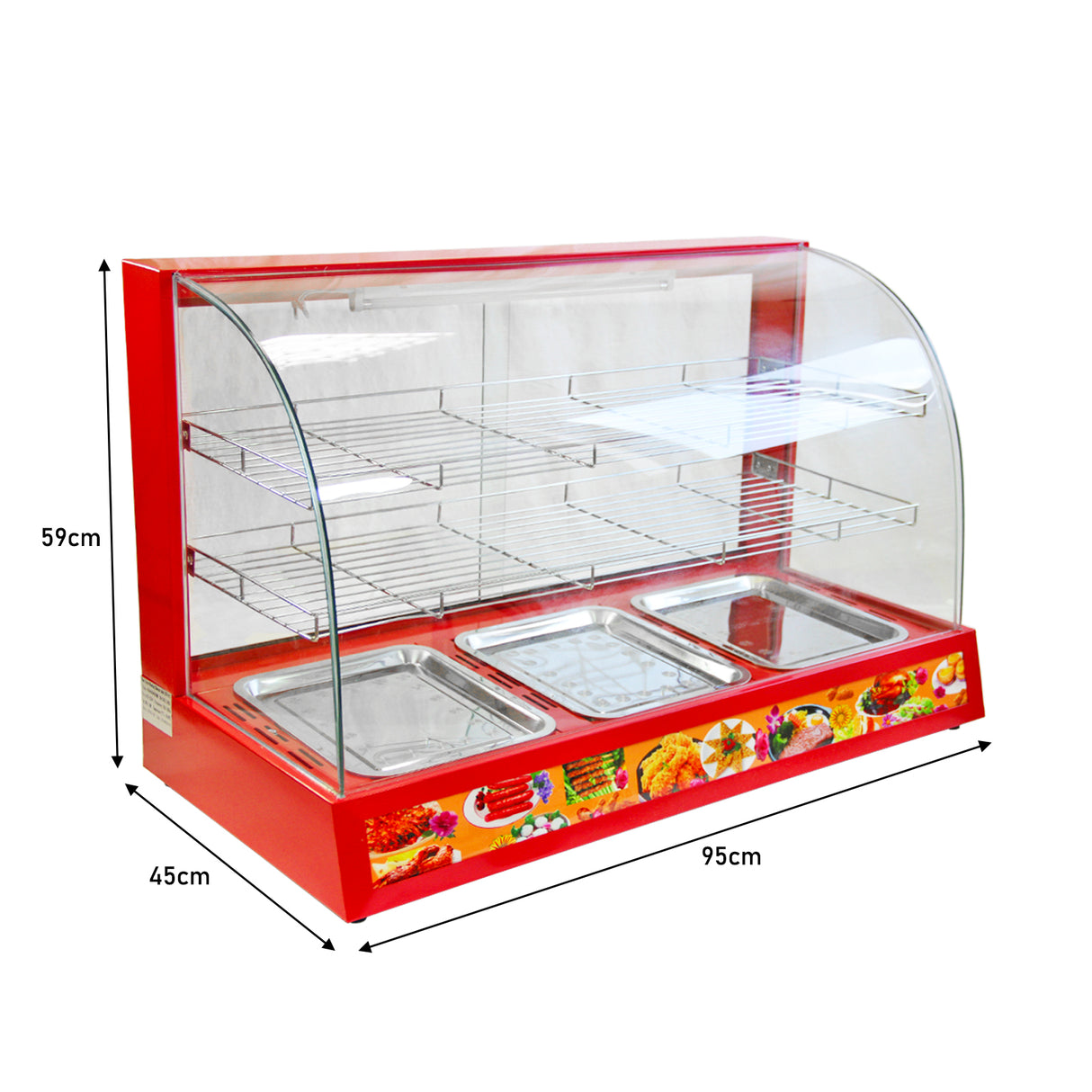 Vitrine chauffe-plats électrique rouge de 90 cm avec trois bacs en inox, vitres en verre et étagères, idéale pour conserver les aliments chauds