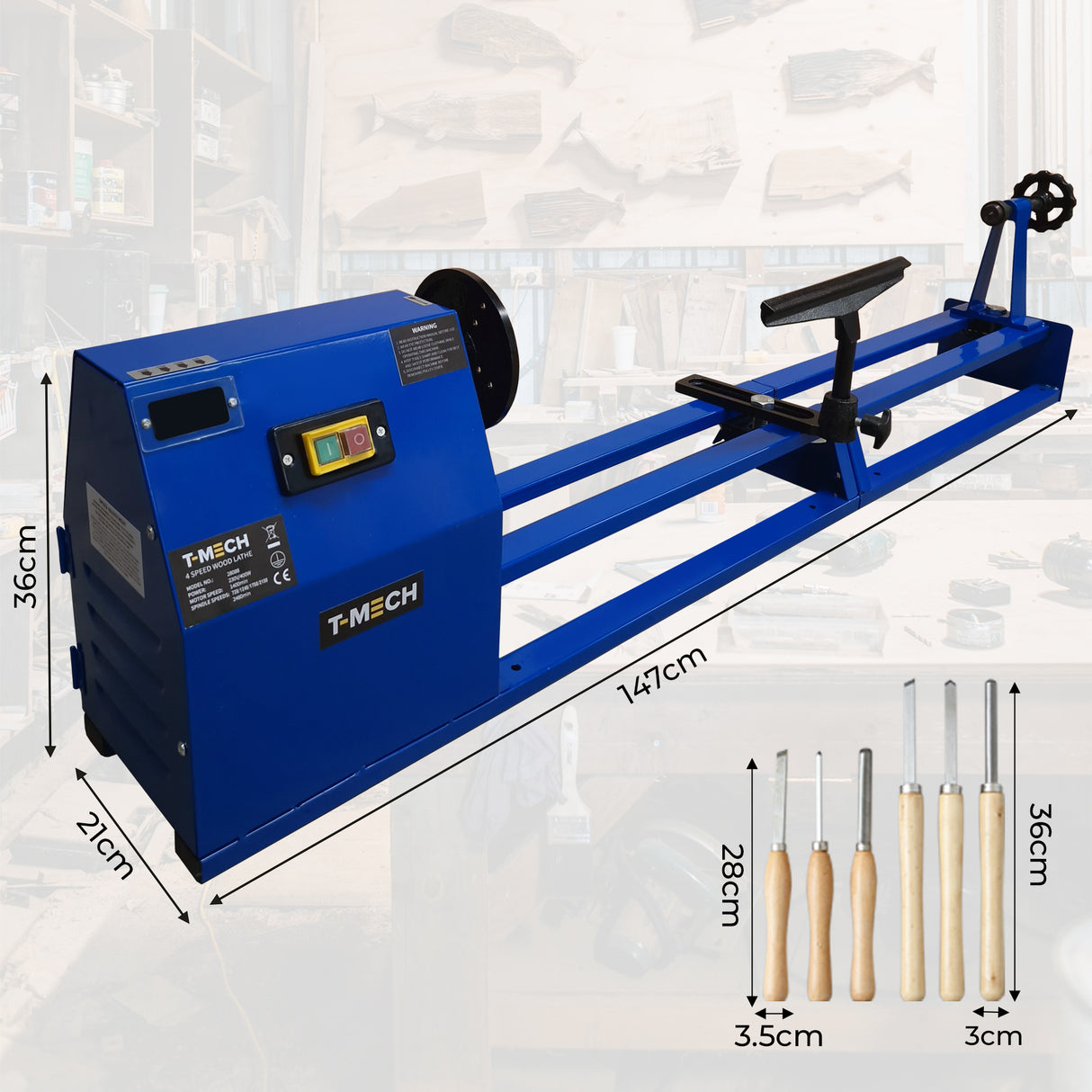 Tour à bois T-Mech en métal bleu, mesure 147 cm de long, avec un support pour outils et des dimensions précises pour le travail du bois