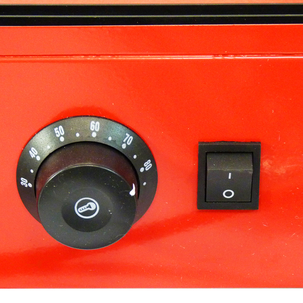 Vitrine chauffe-plats électrique KuKoo de 60 cm, rouge vif, avec un bouton de réglage de température et un interrupteur noir
