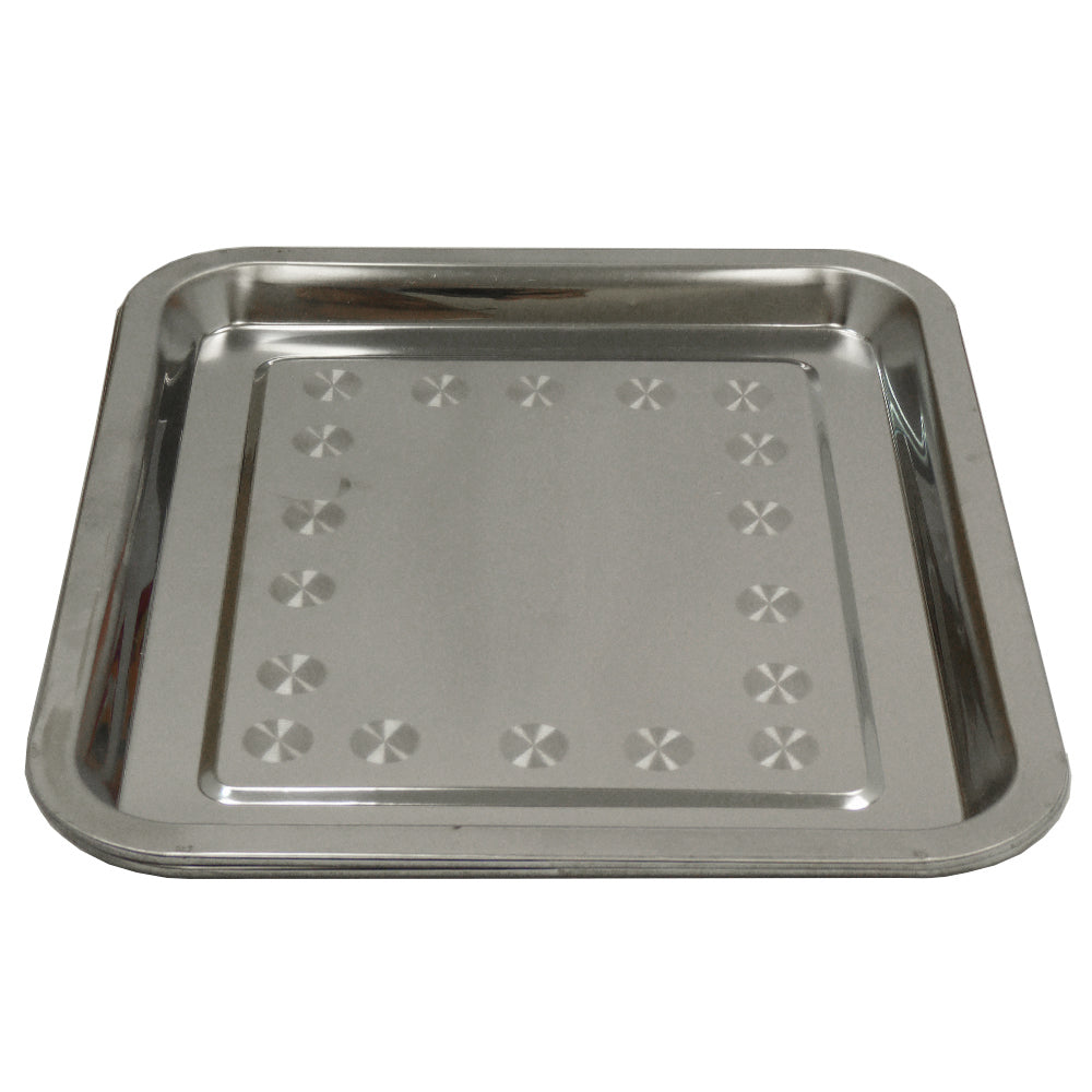 Plateau en acier inoxydable rectangulaire, surface lisse avec motifs en relief, idéal pour le maintien au chaud des plats dans une vitrine