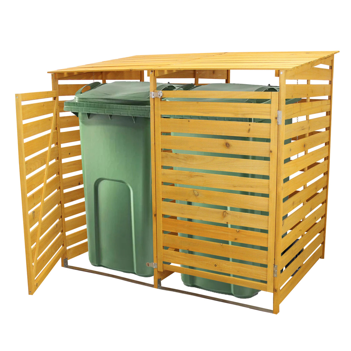 Cache-poubelle double en bois, couleur miel, avec lattes horizontales, abritant deux poubelles vertes, design élégant et pratique