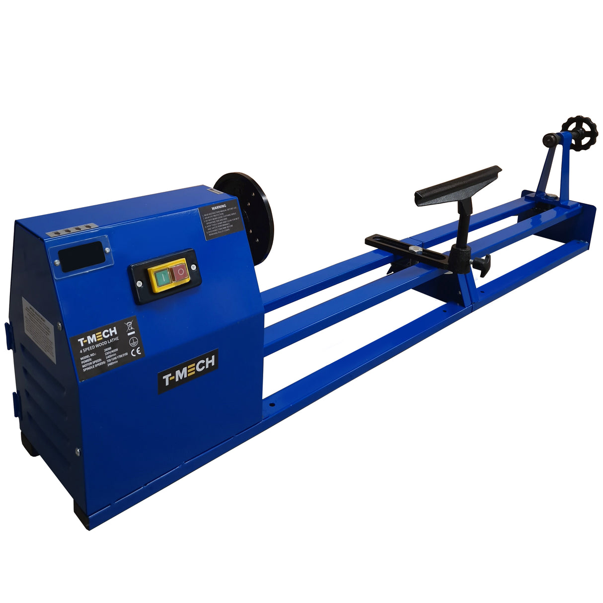 Tour à bois T-Mech en métal bleu, avec un design robuste, un panneau de contrôle et un support pour pièces à travailler