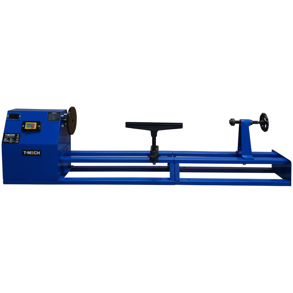 Tour à bois T-Mech de couleur bleue, avec un moteur, un volant et un support robuste, conçu pour le travail du bois avec précision