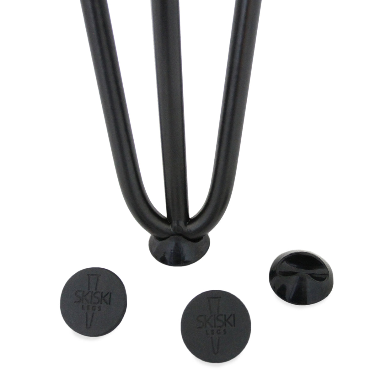 Pieds de table noirs de 71 cm avec trois tiges en métal de 10 mm, finition lisse et moderne, accompagnés de patins en caoutchouc