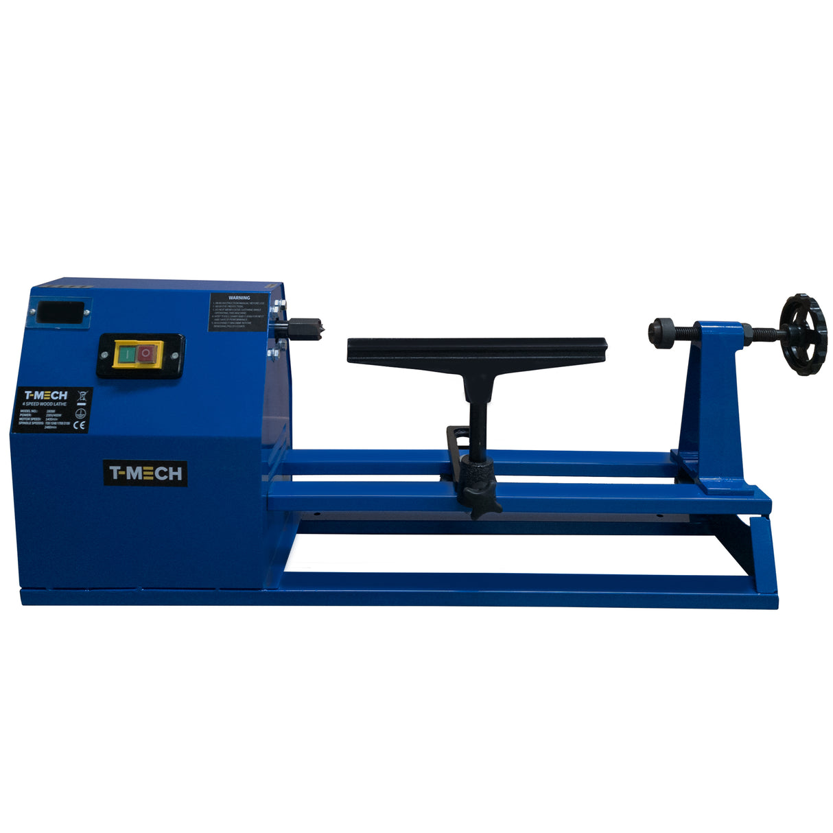 Tour à bois T-Mech en métal bleu, avec un plateau réglable et une manivelle, conçu pour le travail du bois avec précision et robustesse