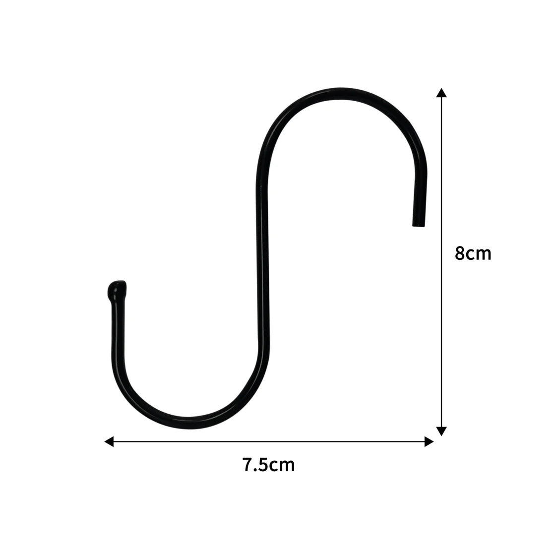 Crochet de suspension en acier noir en forme de S, mesurant 7,5 cm de large et 8 cm de haut, idéal pour organiser et suspendre des objets