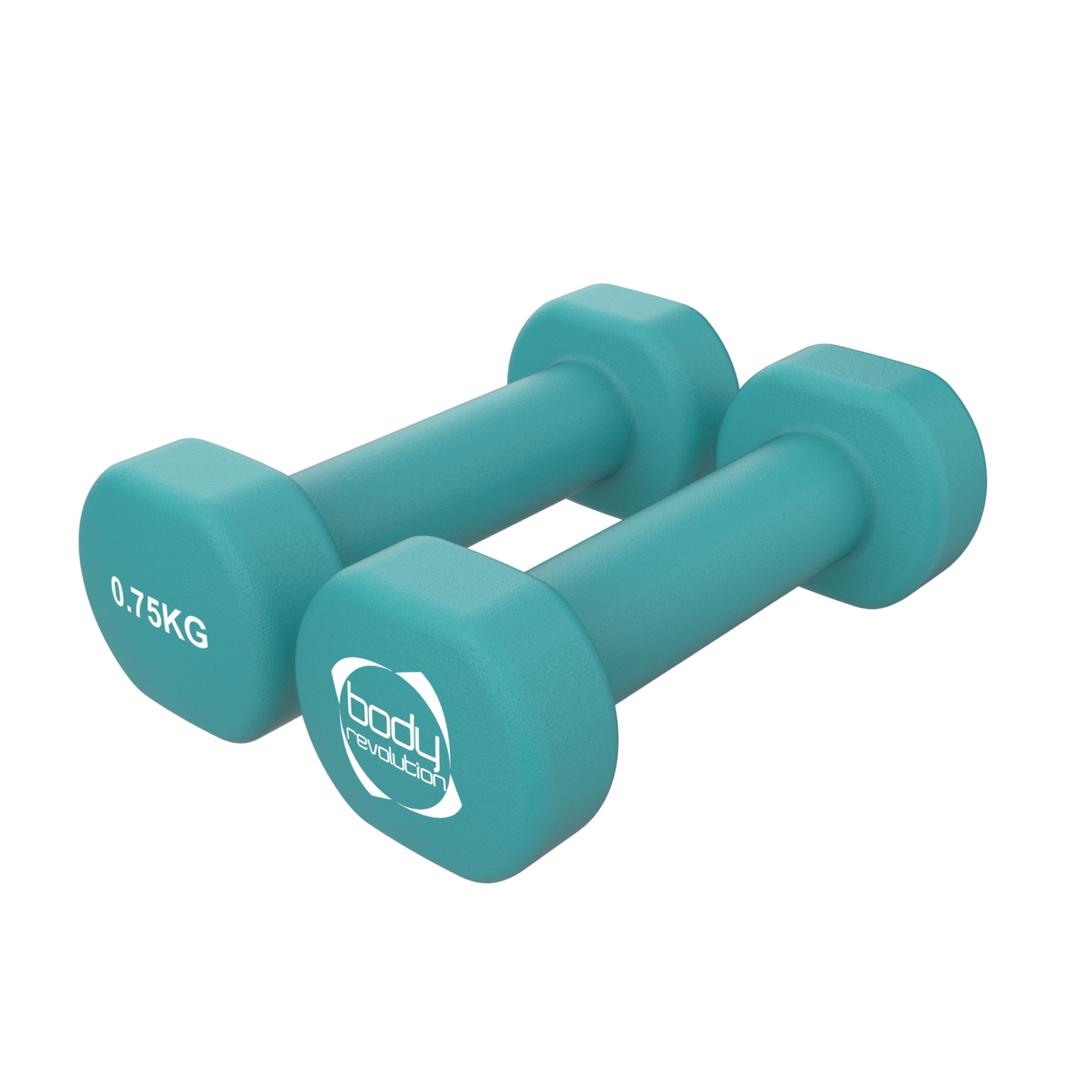 Haltères en néoprène turquoise de 750 g, avec une texture lisse et des extrémités arrondies, idéaux pour l'entraînement à domicile