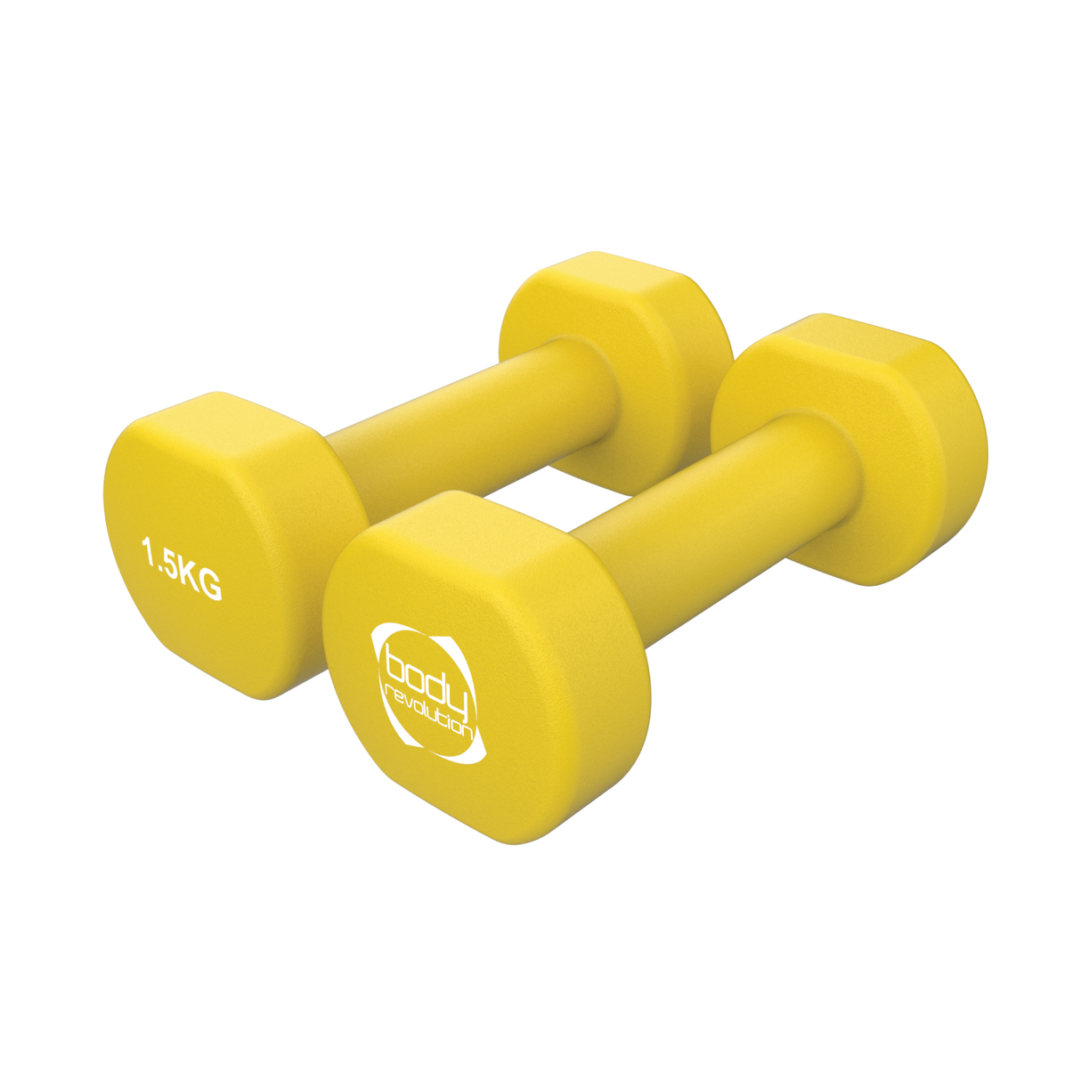 Haltères en néoprène jaune vif de 1,5 kg, forme hexagonale pour une prise antidérapante, parfaits pour l'entraînement à domicile