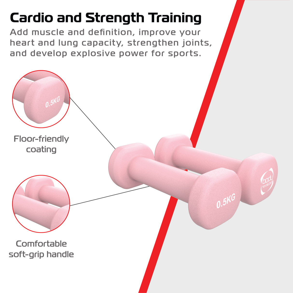 Haltères en néoprène rose de 500 g avec poignées antidérapantes, idéaux pour l'entraînement musculaire et cardio