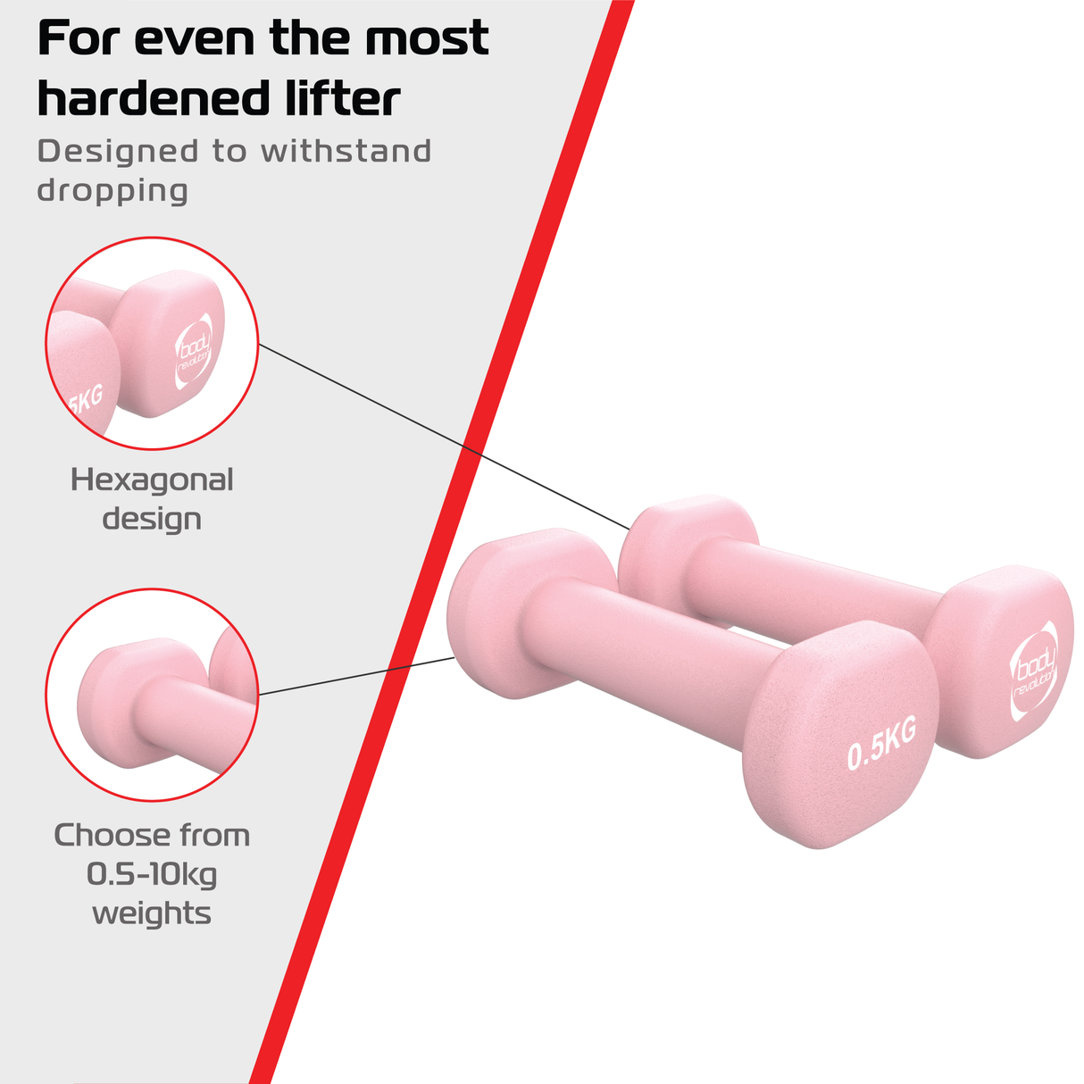 Haltères en néoprène rose de 500 g, avec un design hexagonal, surface douce et antidérapante, parfaits pour l'entraînement à domicile
