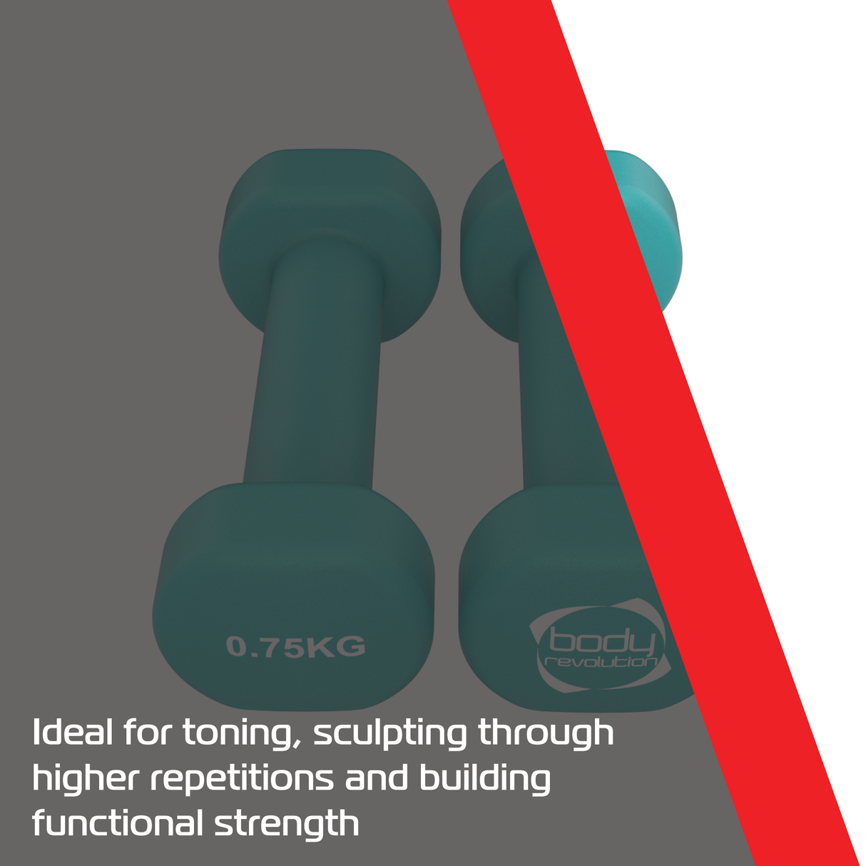 Haltères en néoprène turquoise de 750 g, avec une texture lisse et des poignées ergonomiques, idéaux pour l'entraînement et le renforcement musculaire