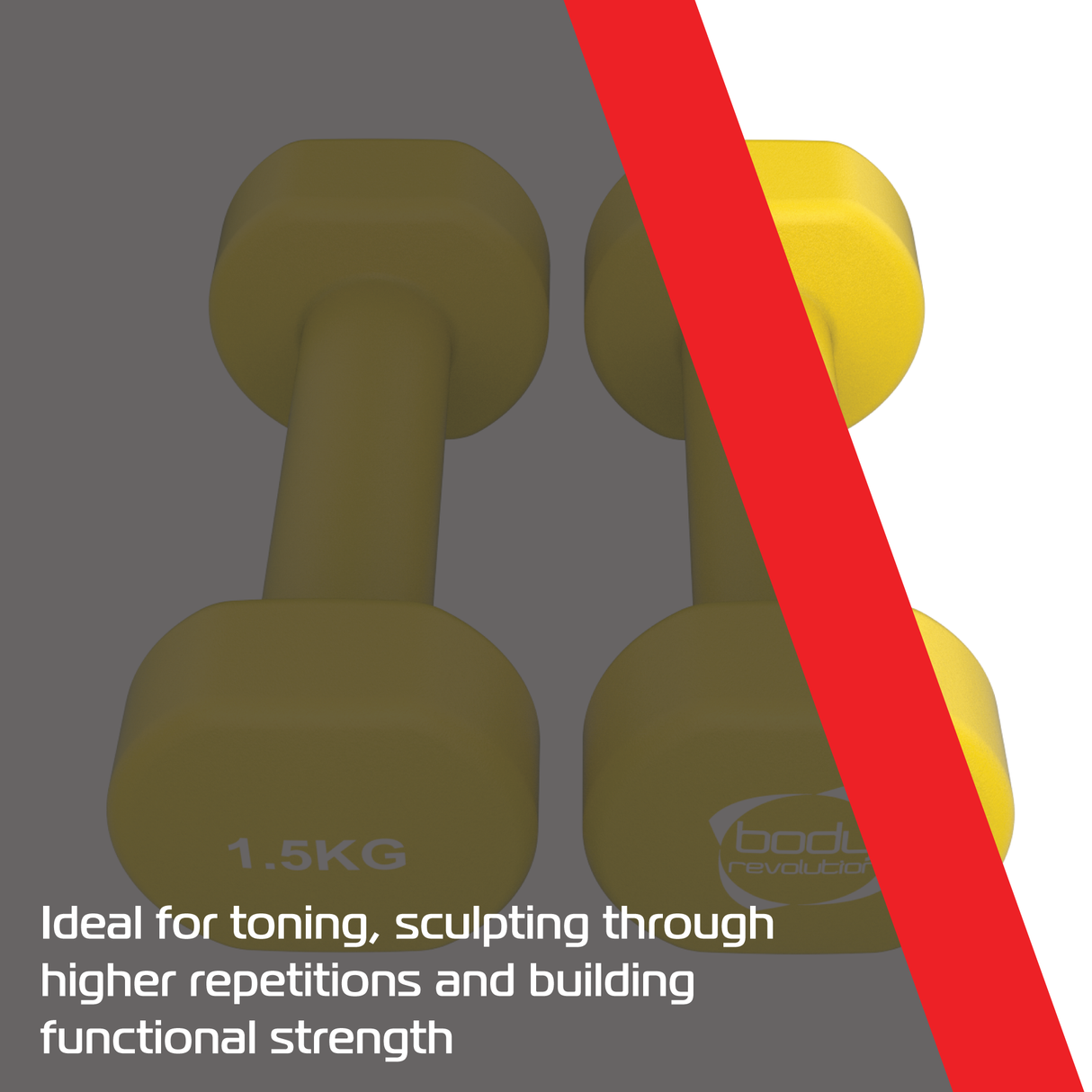 Haltères en néoprène jaune de 1,5 kg, avec une texture lisse et une forme ergonomique, idéaux pour l'entraînement et le renforcement musculaire