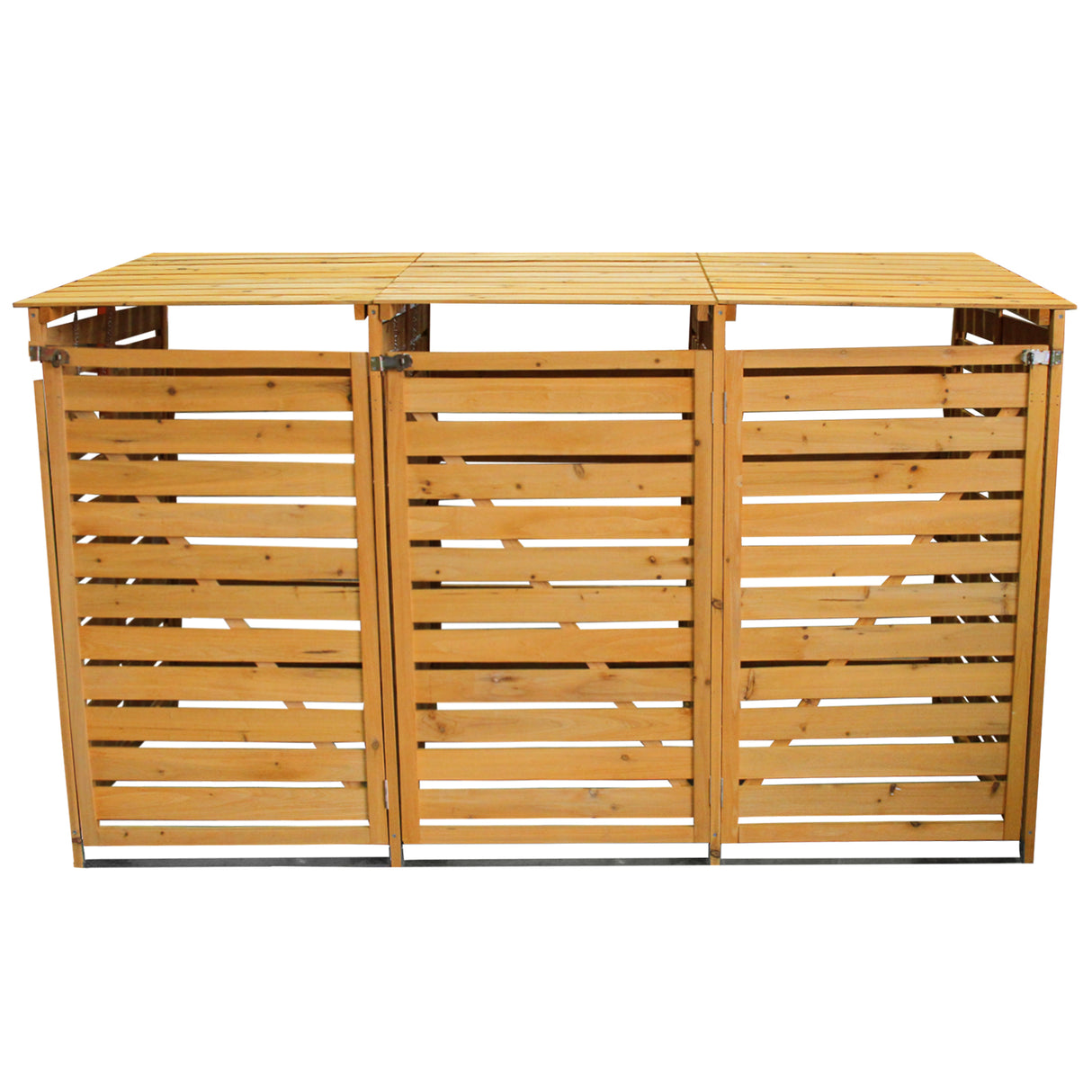 Cache-poubelle triple en bois clair avec lattes horizontales, finition lisse, design moderne et toit plat, idéal pour le jardin