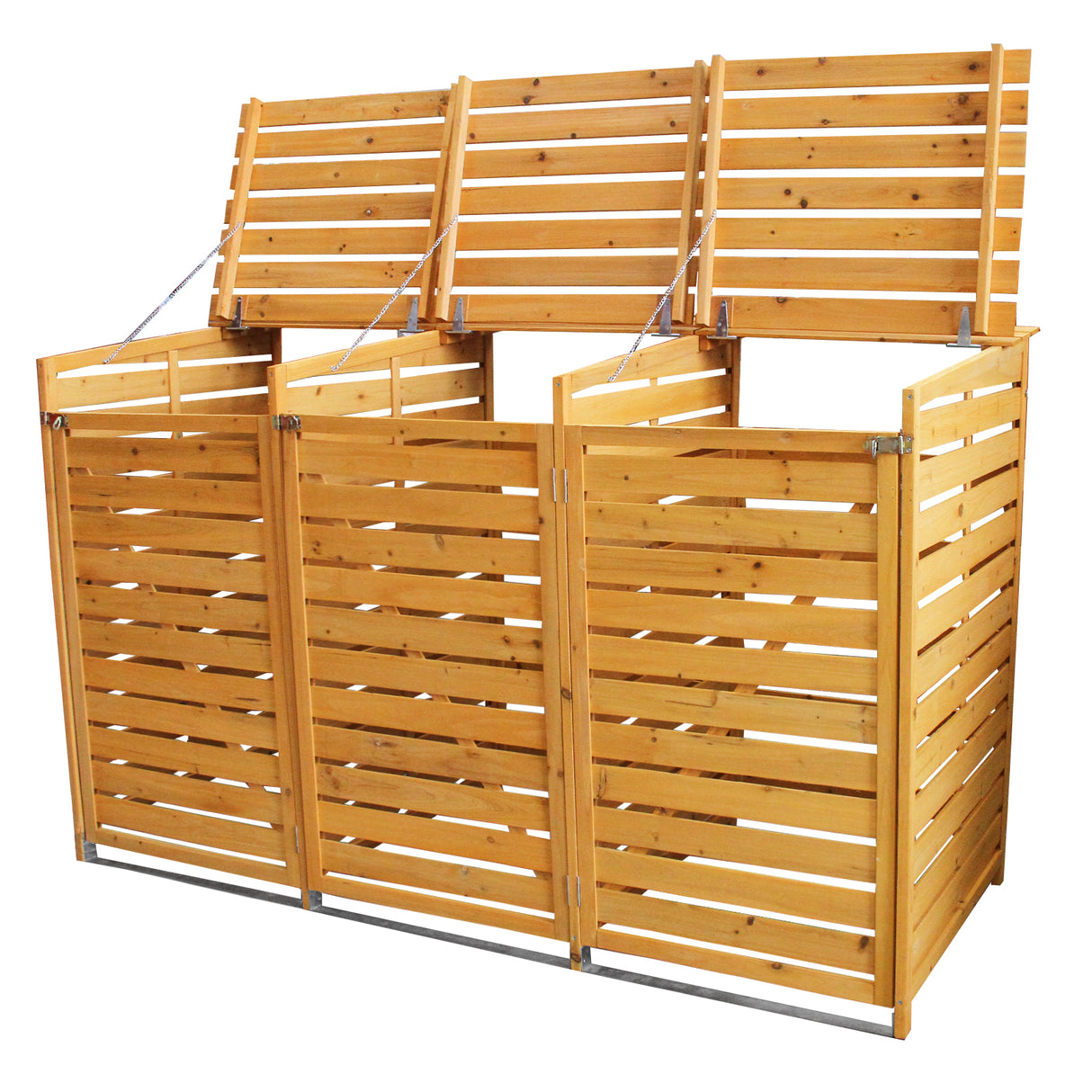 Cache-poubelle triple en bois clair avec lattes horizontales, finition lisse, structure robuste et toit incliné pour protection contre les intempéries