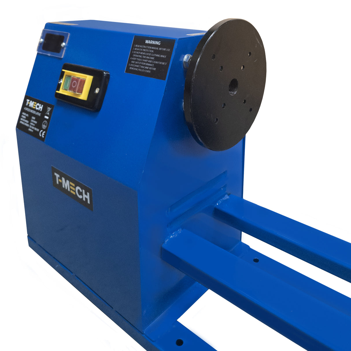 Tour à bois T-Mech bleu vif avec un plateau noir, conçu pour le tournage du bois, affichant un panneau de contrôle et une construction robuste