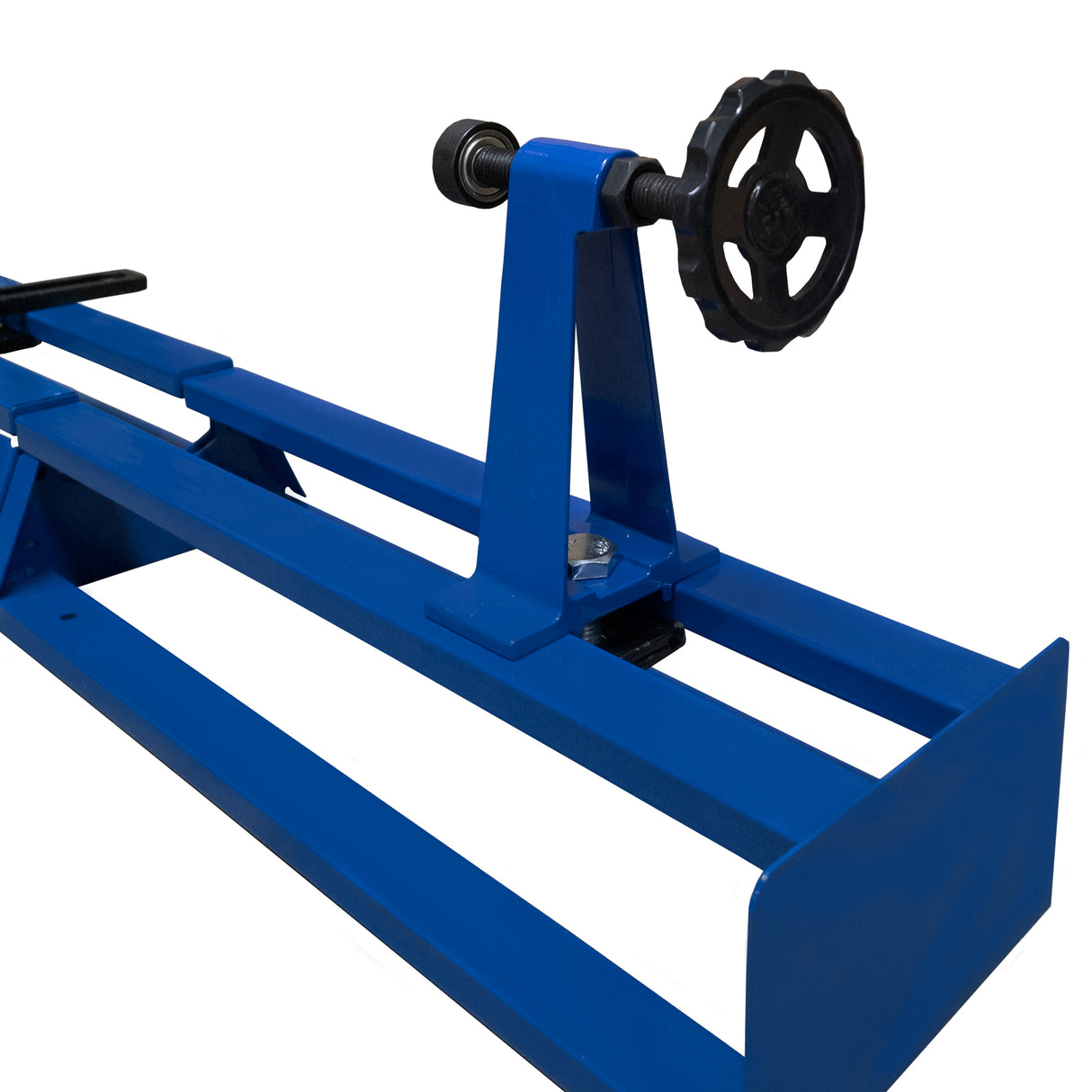 Tour à bois T-Mech en métal bleu, avec un support robuste et une manivelle noire pour un réglage précis de la hauteur