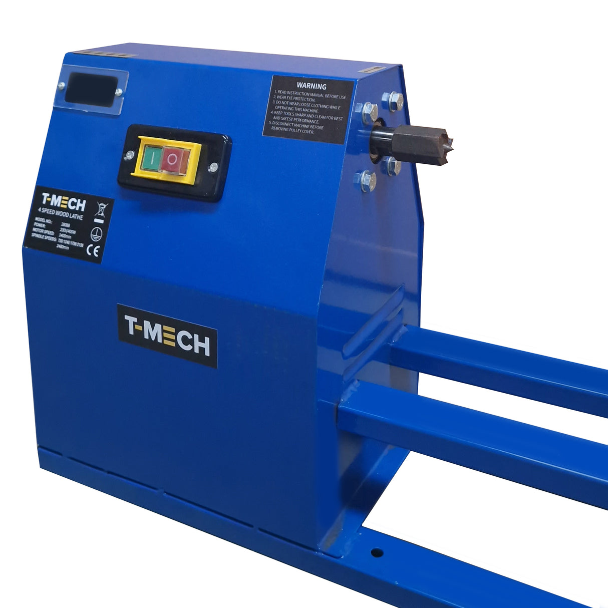 Tour à bois T-Mech de couleur bleue, avec panneau de contrôle, bouton d'alimentation et mandrin pour le travail du bois