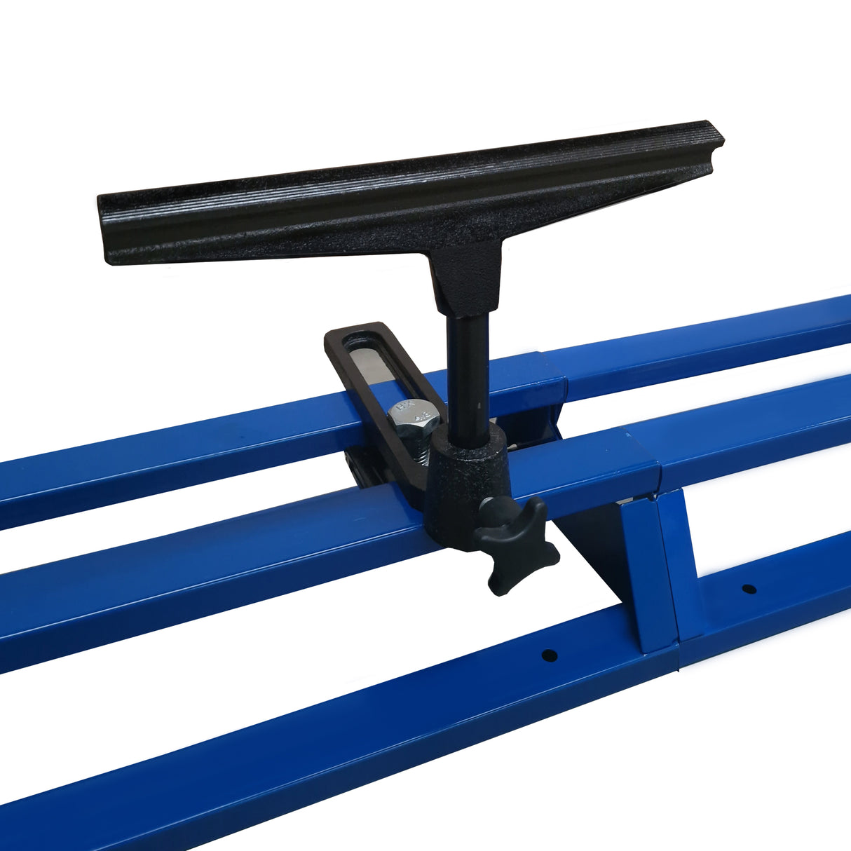 Tour à bois T-Mech en métal bleu avec un support noir, conçu pour la précision et la stabilité lors du travail du bois