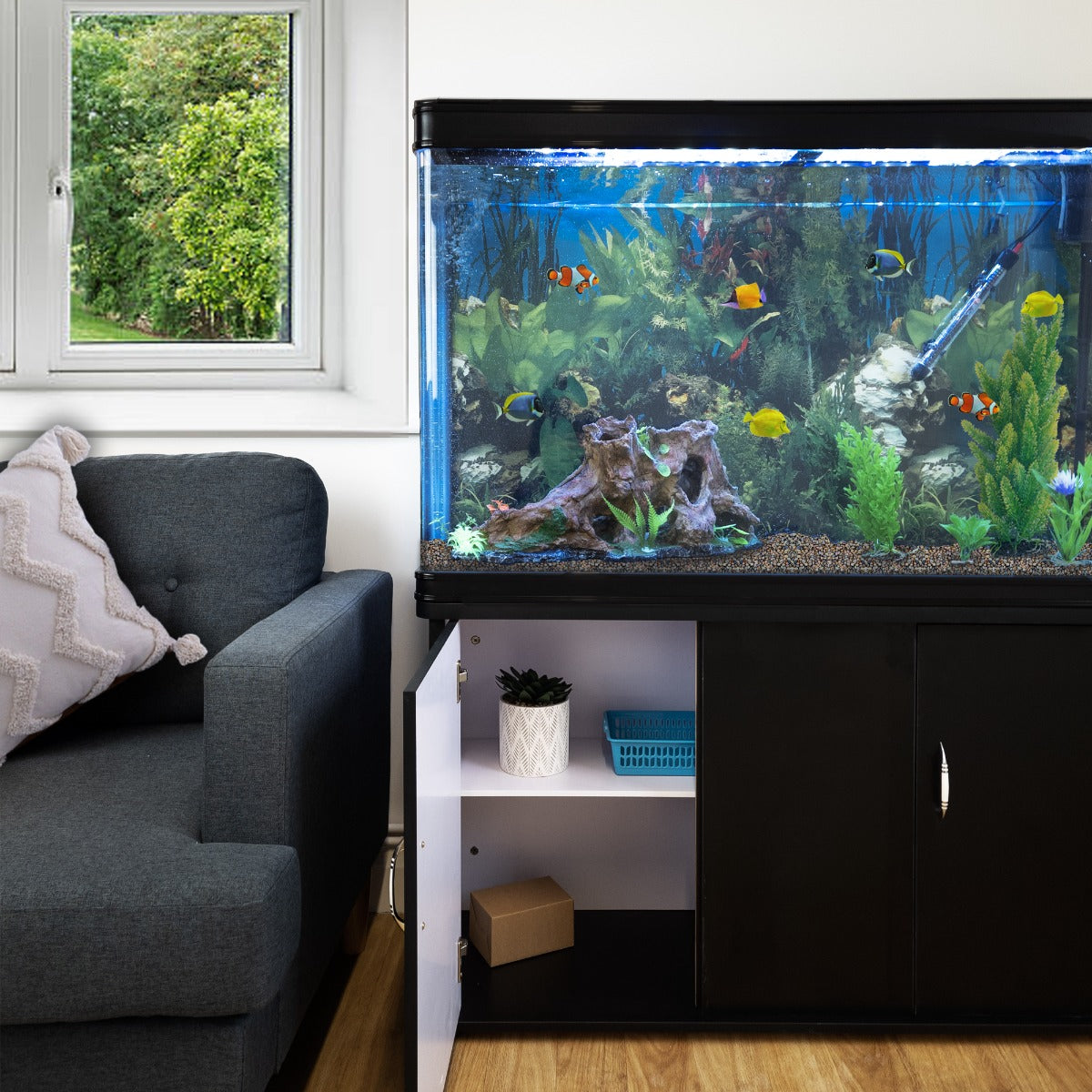 Aquarium noir avec poissons colorés, décor naturel, meuble de support blanc et gravier, placé près d'un canapé gris et d'une fenêtre lumineuse