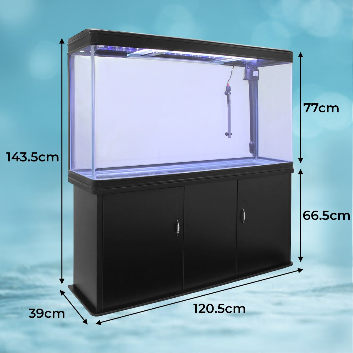 Aquarium noir avec meuble de support élégant, dimensions 120,5 x 39 x 143,5 cm, et gravier naturel au fond, idéal pour poissons