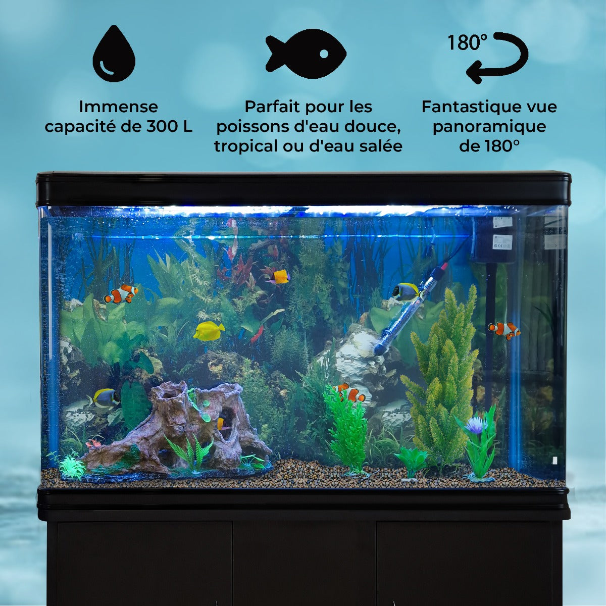 Aquarium noir de 300 L avec décor naturel, poissons colorés, plantes aquatiques, et éclairage LED, offrant une vue panoramique de 180°