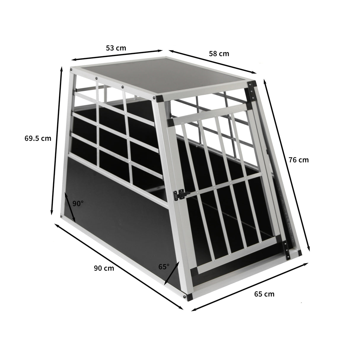 Cage de transport pour animaux grand format, en métal noir et argenté, avec une structure robuste et des dimensions précises pour le confort des animaux