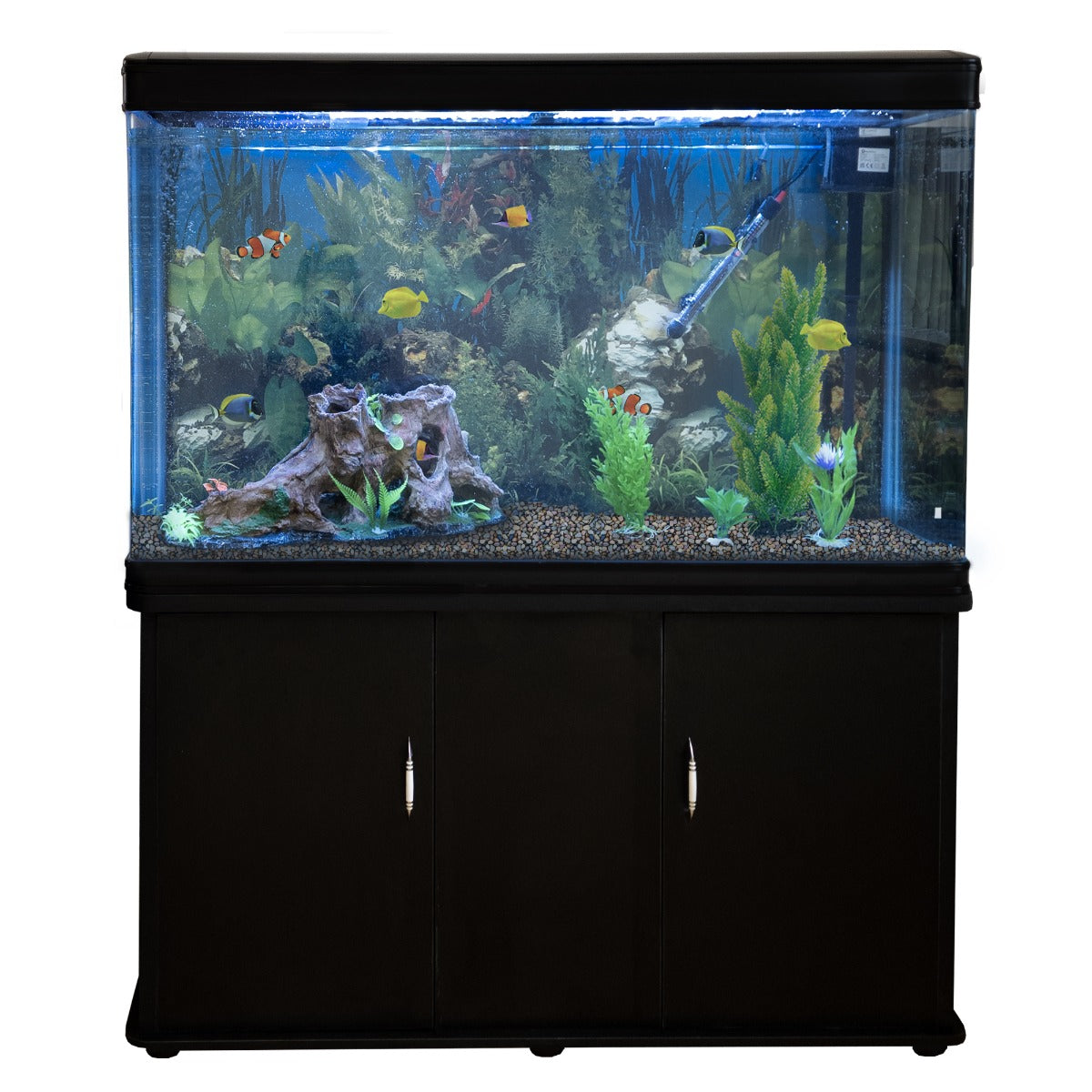 Aquarium noir avec meuble de support, gravier naturel, plantes aquatiques vertes et poissons colorés dans un environnement sous-marin vibrant