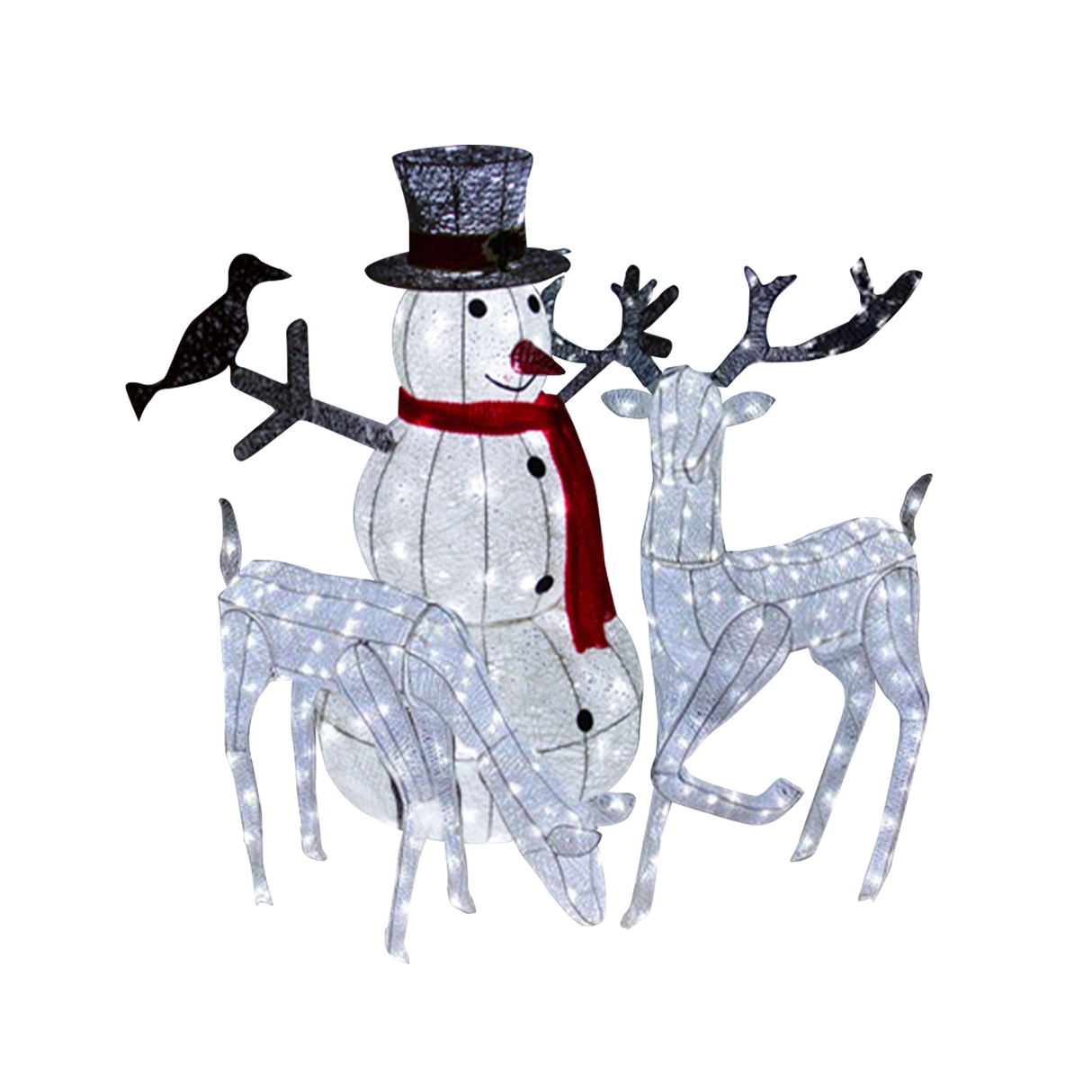 Biche et cerf lumineux en LED blanc froid entourant un bonhomme de neige avec un chapeau noir et une écharpe rouge, décorations festives