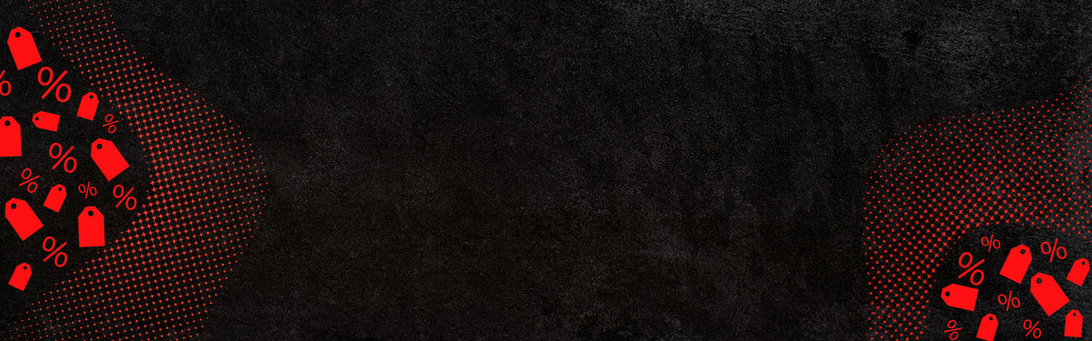 Fond noir texturé avec des motifs rouges de pourcentages et d'étiquettes, créant un effet dynamique et accrocheur pour les promotions