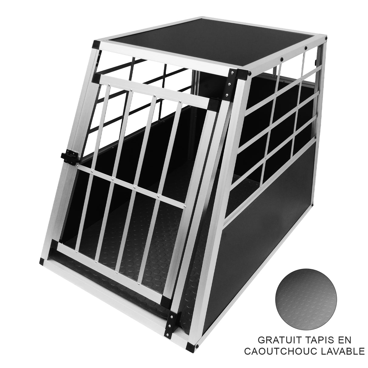 Cage de transport pour animaux en métal noir et argenté, avec une porte grillagée et un tapis en caoutchouc lavable inclus