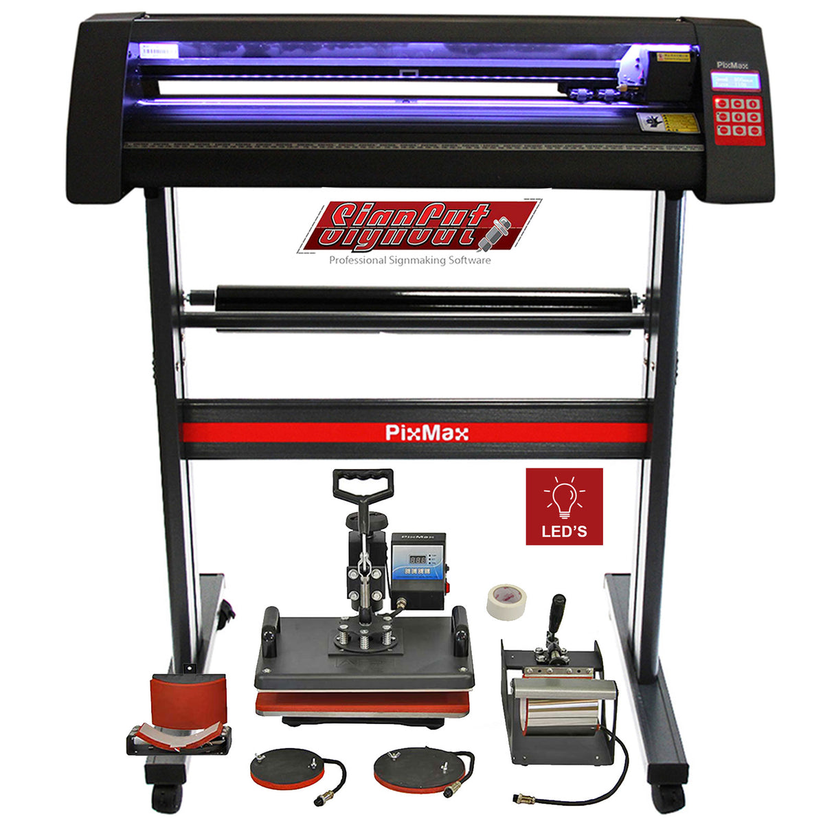 Lot de découpe vinyle LED 5 en 1 avec presse à chaud, rouleaux, logiciel SignCut Pro, structure noire et rouge, accessoires variés