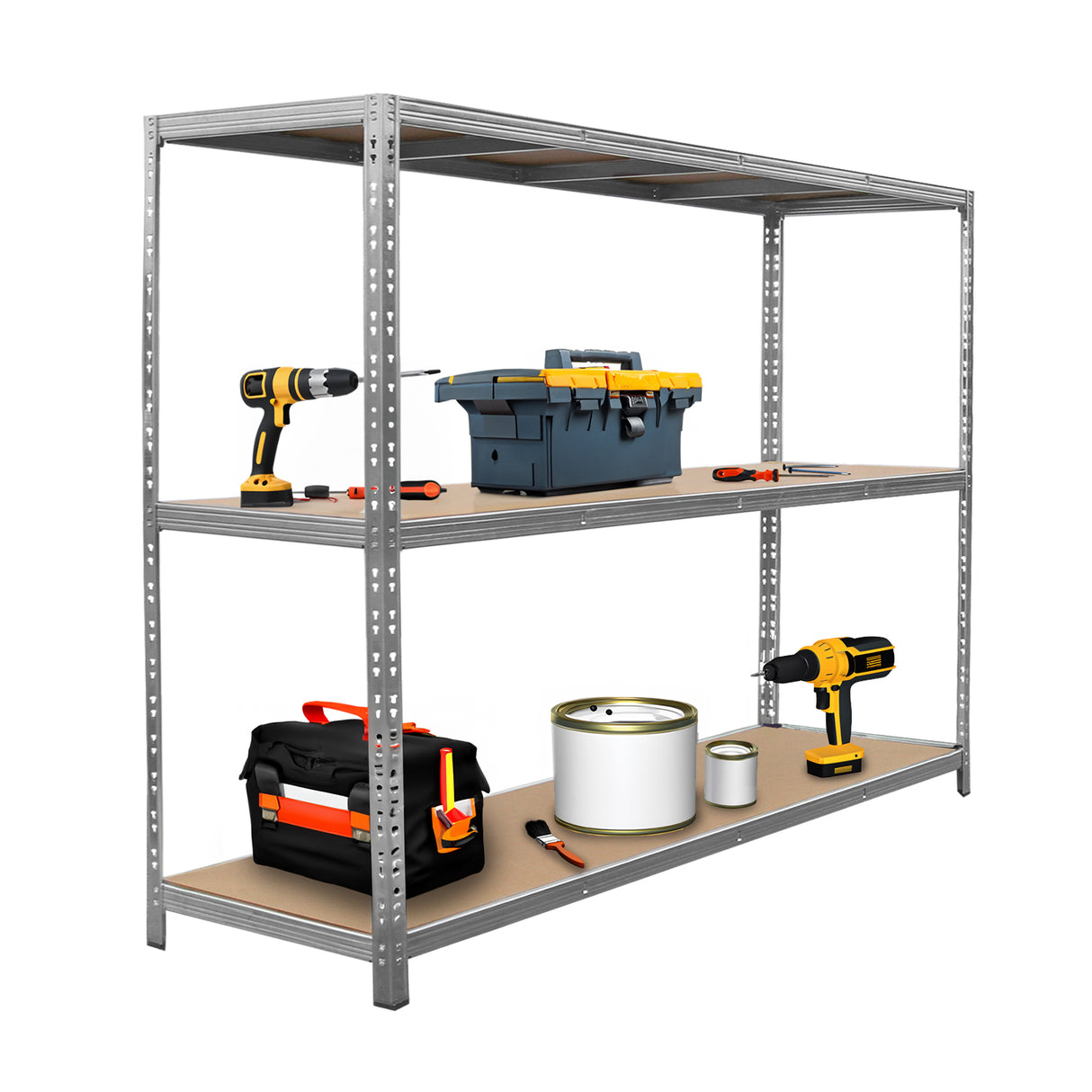 Rayonnage en acier galvanisé de 60cm x 200cm x 186cm, avec étagères robustes, outils, boîte à outils et peinture sur les niveaux inférieurs