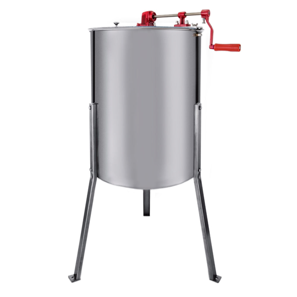 Extracteur de miel manuel T-Mech en acier inoxydable brillant, avec un levier rouge et des pieds en métal robustes pour une utilisation facile